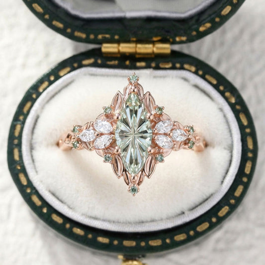 Unique Starbrite Cut Marquise Green Lab Sapphire Engagement Ring