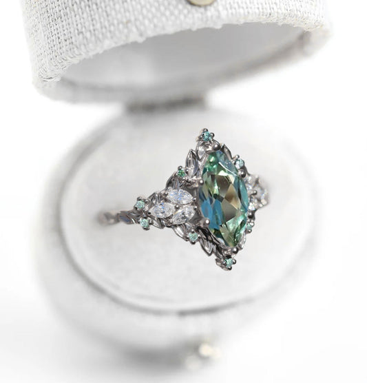 Unique floral engagement rings Briar Rose Starlight Marquise Green Lab Sapphire Ring