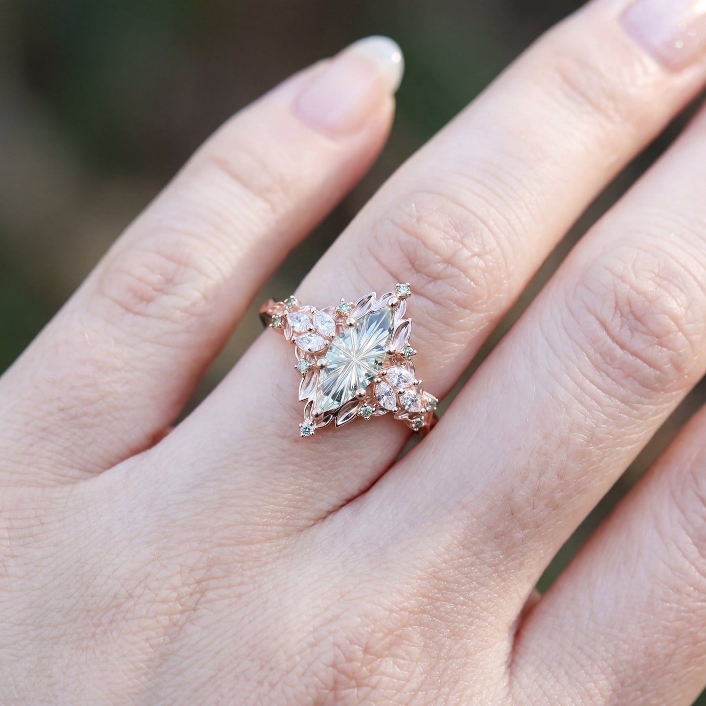 Unique Starbrite Cut Marquise Green Lab Sapphire Engagement Ring