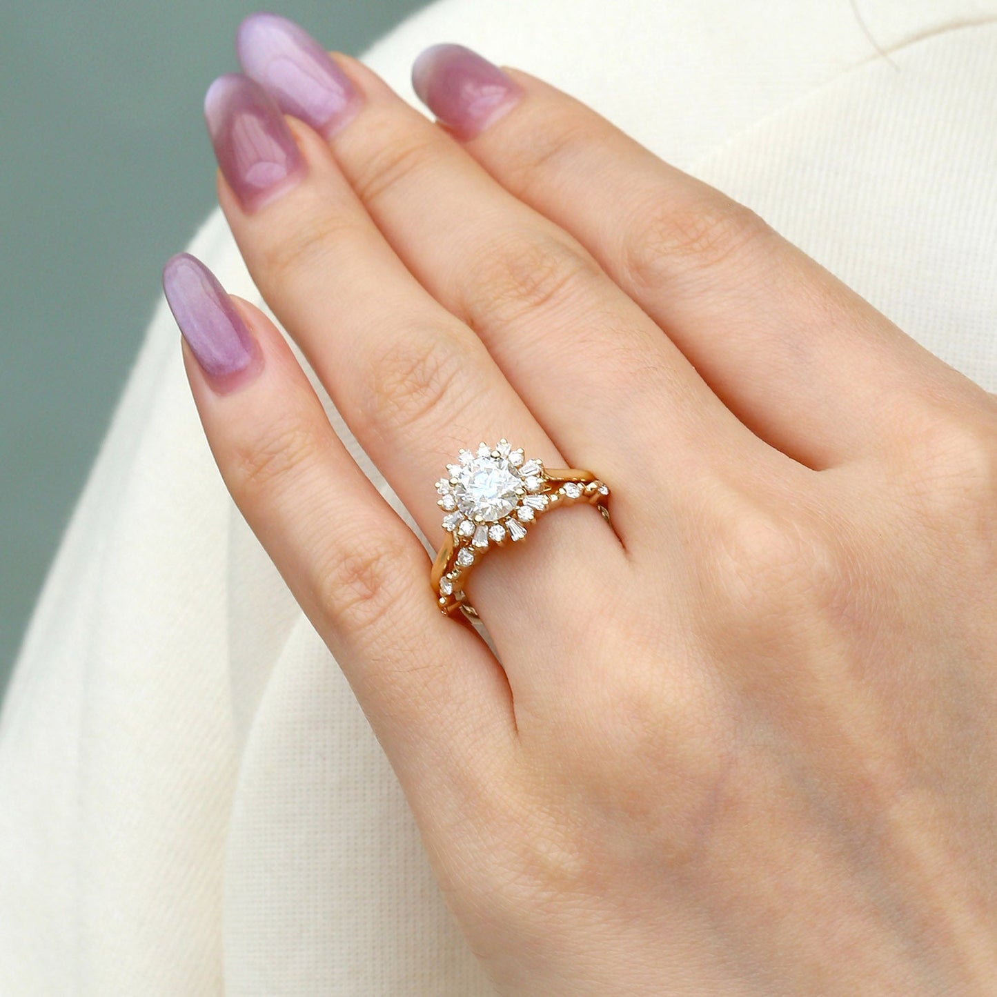 Unique floral engagement rings Round Moissanite Halo Floral Ring Set