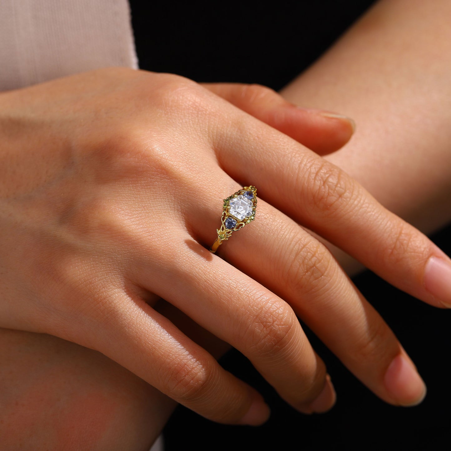 Unique Three Stone Hexagon Moissanite and Lab Sapphire Leaf Ring