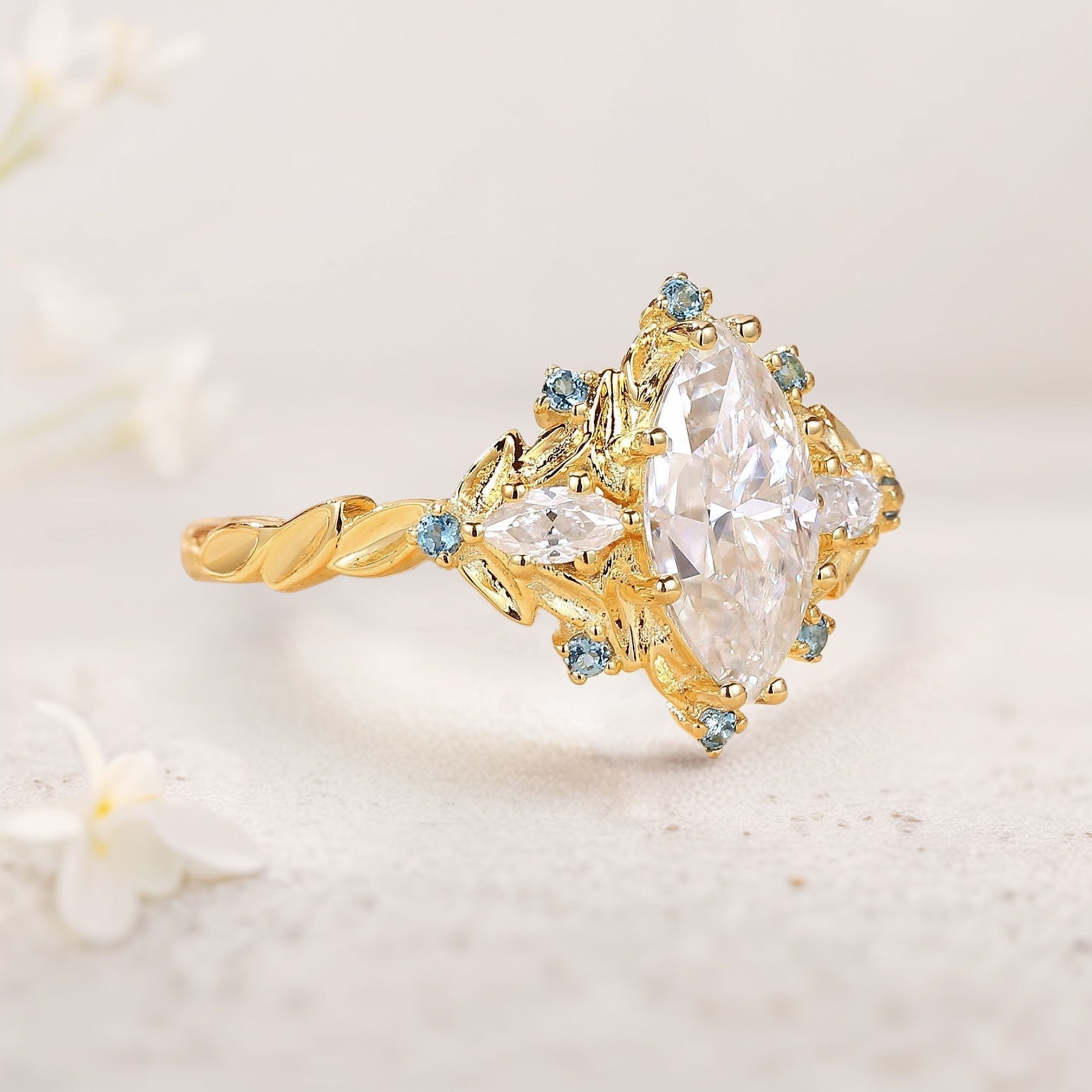 Unique floral engagement rings Marquise Moissanite Ring Art Deco Round Alexandrite 18K Yellow Gold Wedding Ring