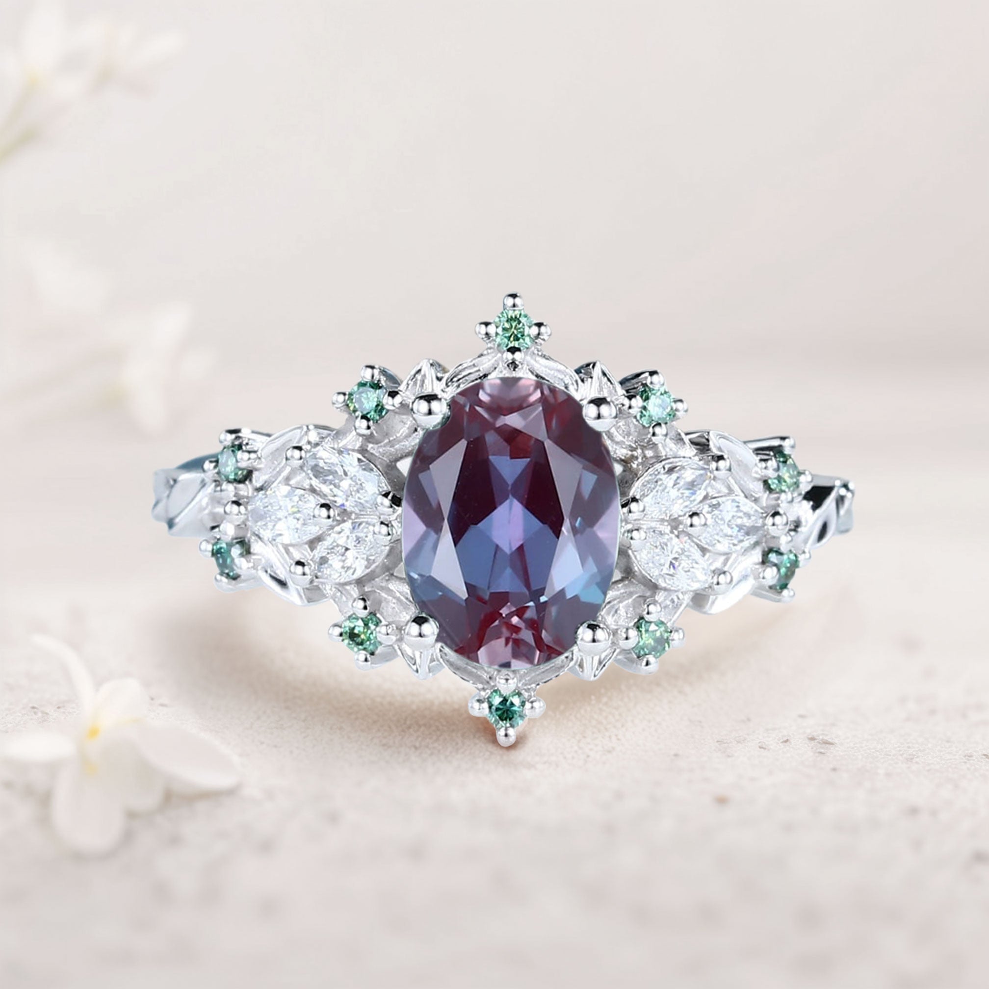 Unique Starlight Oval Lab Alexandrite 18K White Gold Engagement Ring