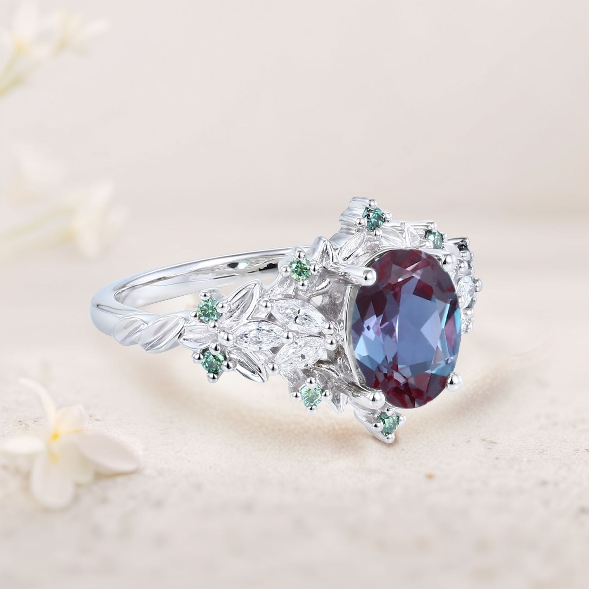 Unique Starlight Oval Lab Alexandrite 18K White Gold Engagement Ring