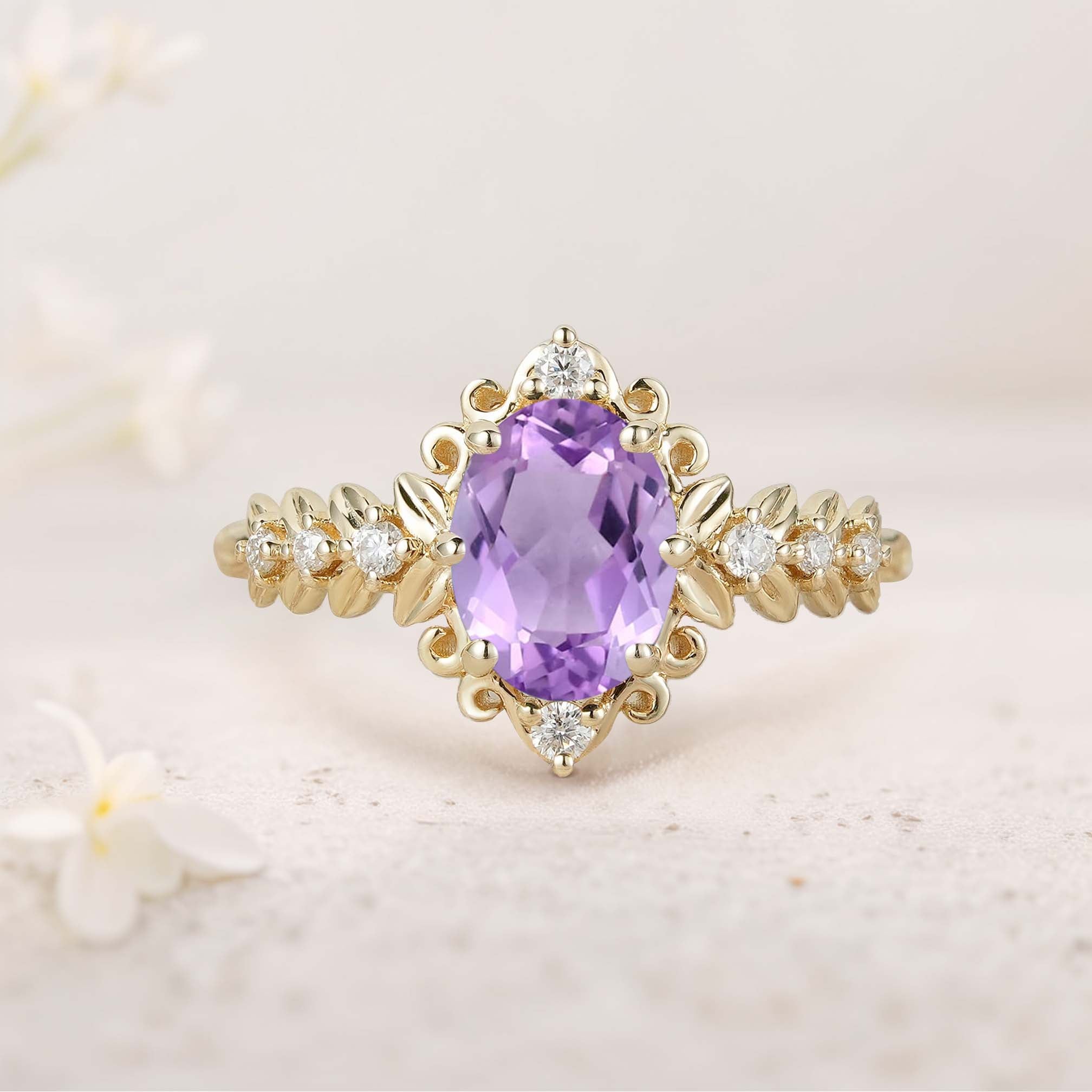 Unique floral engagement rings Elegant Royal Oval Amethyst Filigree Leaf 18K Yellow Gold Engagement Ring
