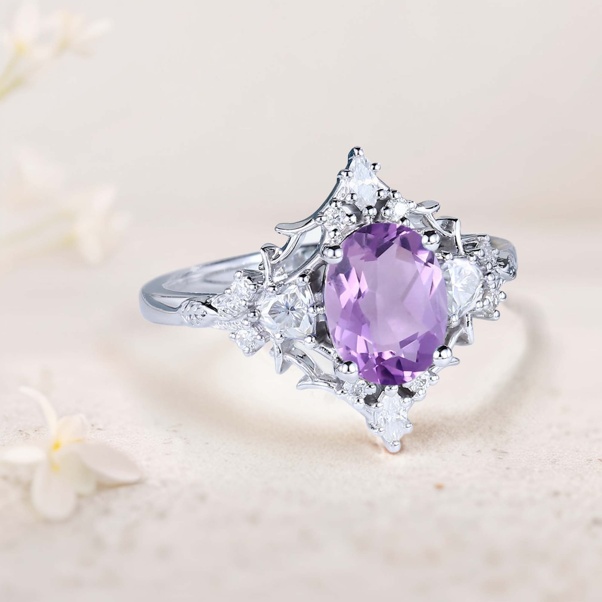 Vintage Floral Briar Rose Oval Amethyst and Moissanite 18K White Gold Engagement Ring Filigree Ring
