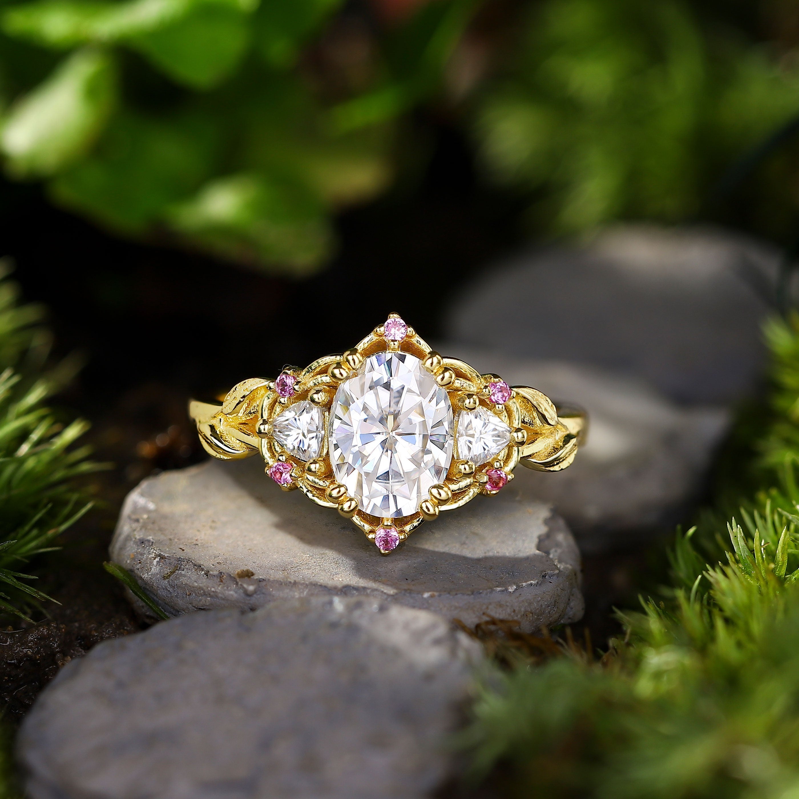 Unique Three Stone Oval Moissanite with Amethyst 18K Yellow Gold Engagement Ring For Women