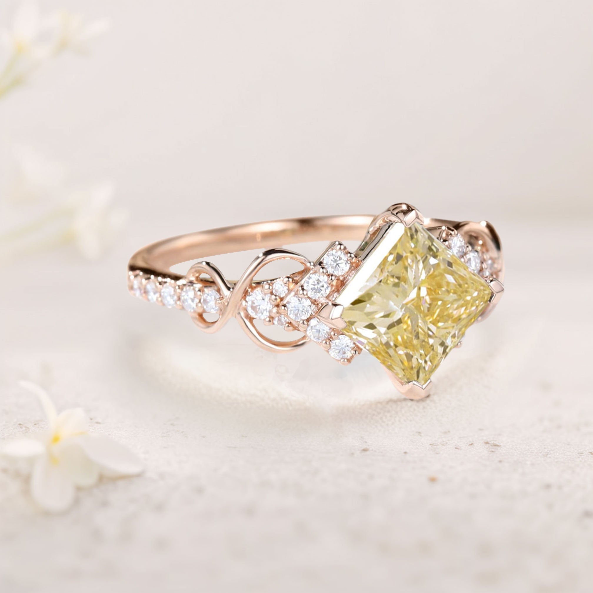 Vintage Princess Citrine Pave 18K Rose Gold Engagement Rings Infinity Wedding Band