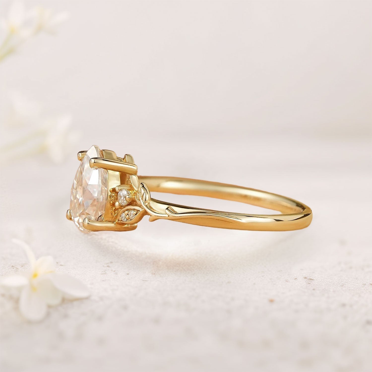 Unique Pear Moissanite Leaf And Vine Inspired 18K Yellow Gold Engagement Ring