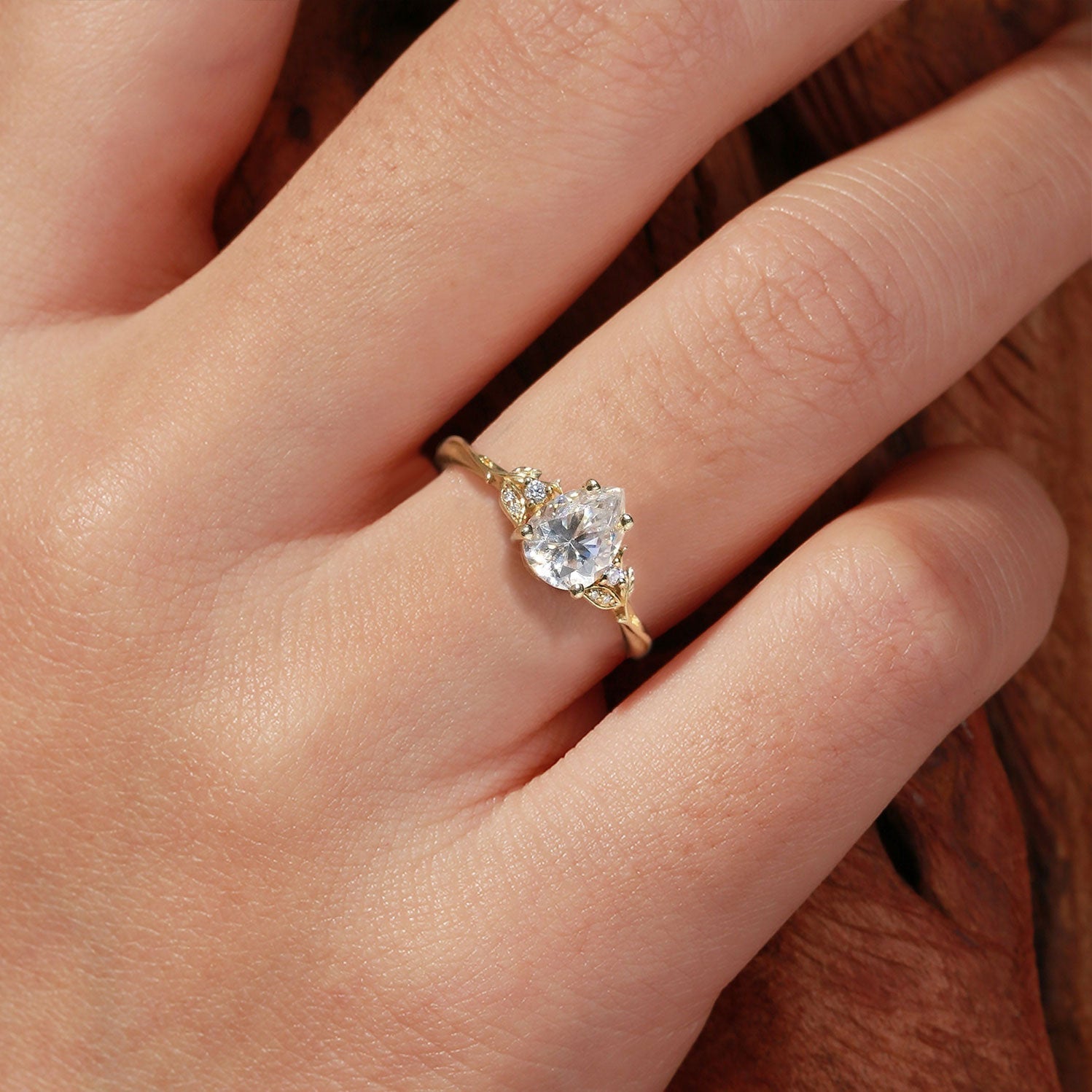 Unique Pear Moissanite Leaf And Vine Inspired 18K Yellow Gold Engagement Ring