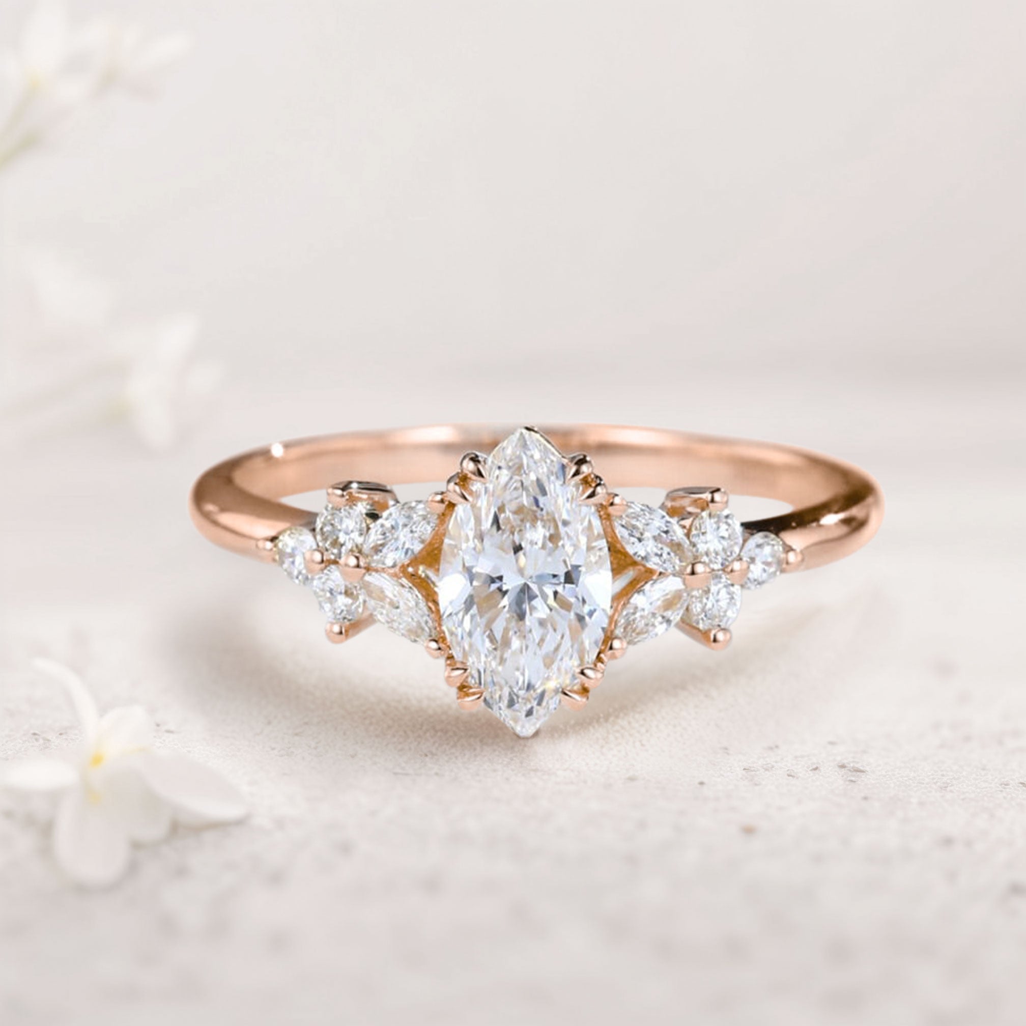 Unique Marquise Moissanite Rings Petal Side Stones 18K Rose Gold Engagement Ring
