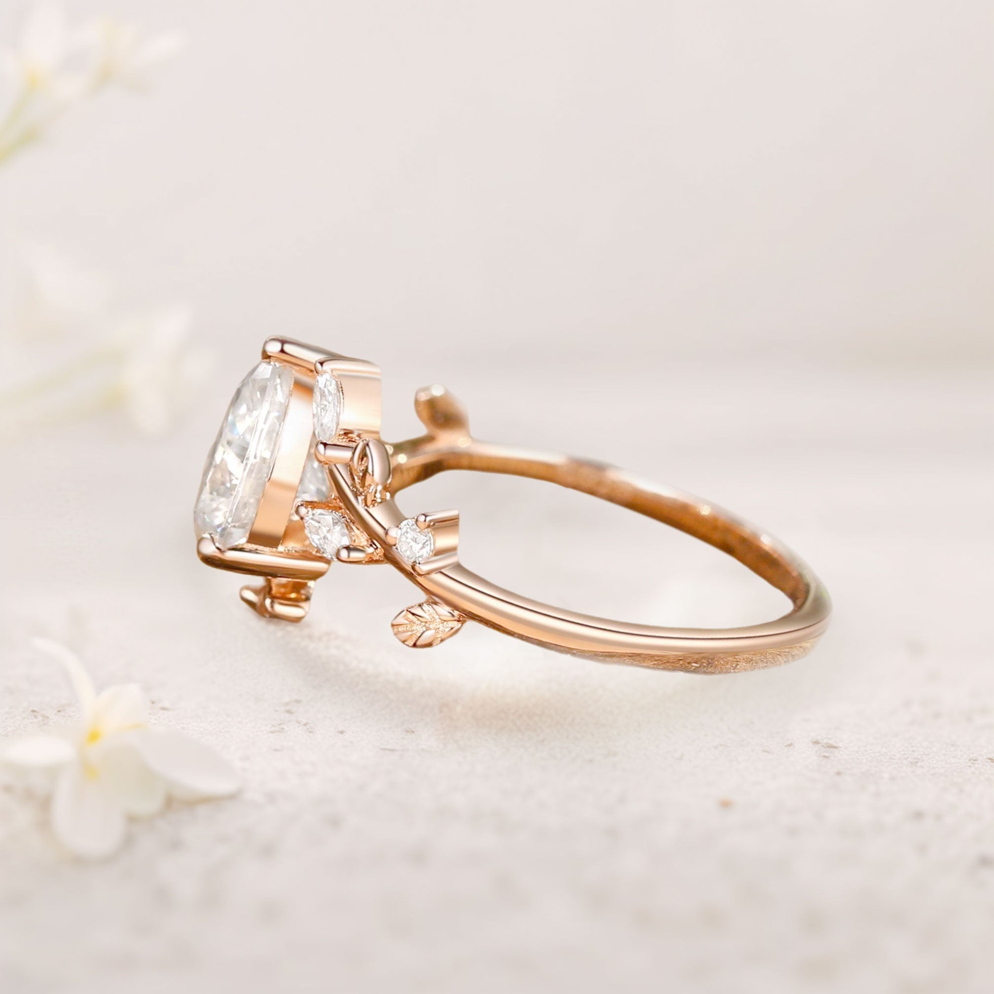 Unique floral engagement rings Pear Moissanite Branch Leafy Inspired 18K Rose Gold Engagement Ring