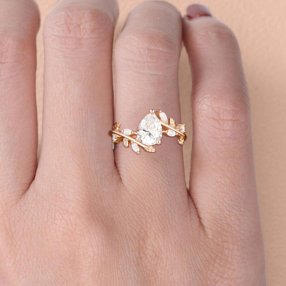 Unique floral engagement rings Pear Moissanite Branch Leafy Inspired 18K Rose Gold Engagement Ring