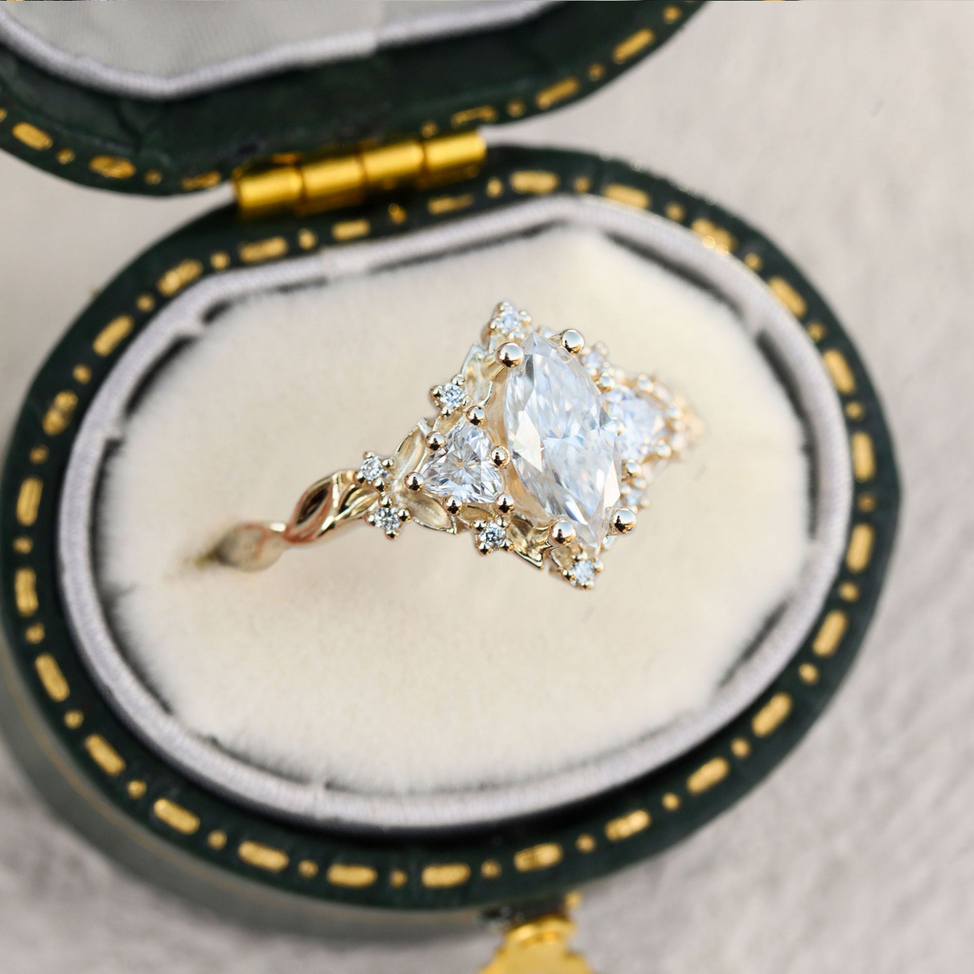 Unique Briar Rose Three Stone Marquise Moissanite 18K Yellow Gold Ring