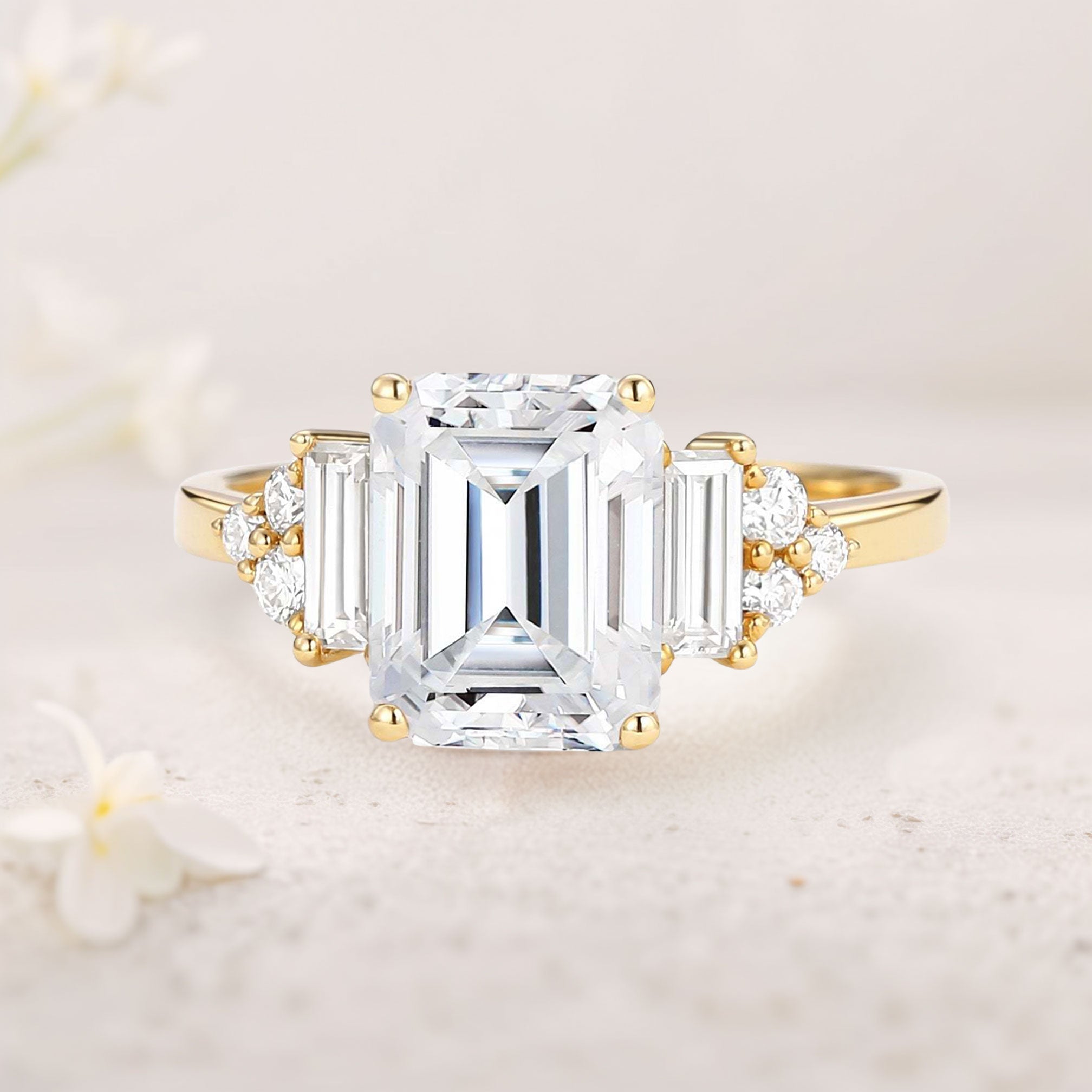 Unique Floral Three stone Emerald Cut Moissanite 18K Yellow Gold Engagement Ring