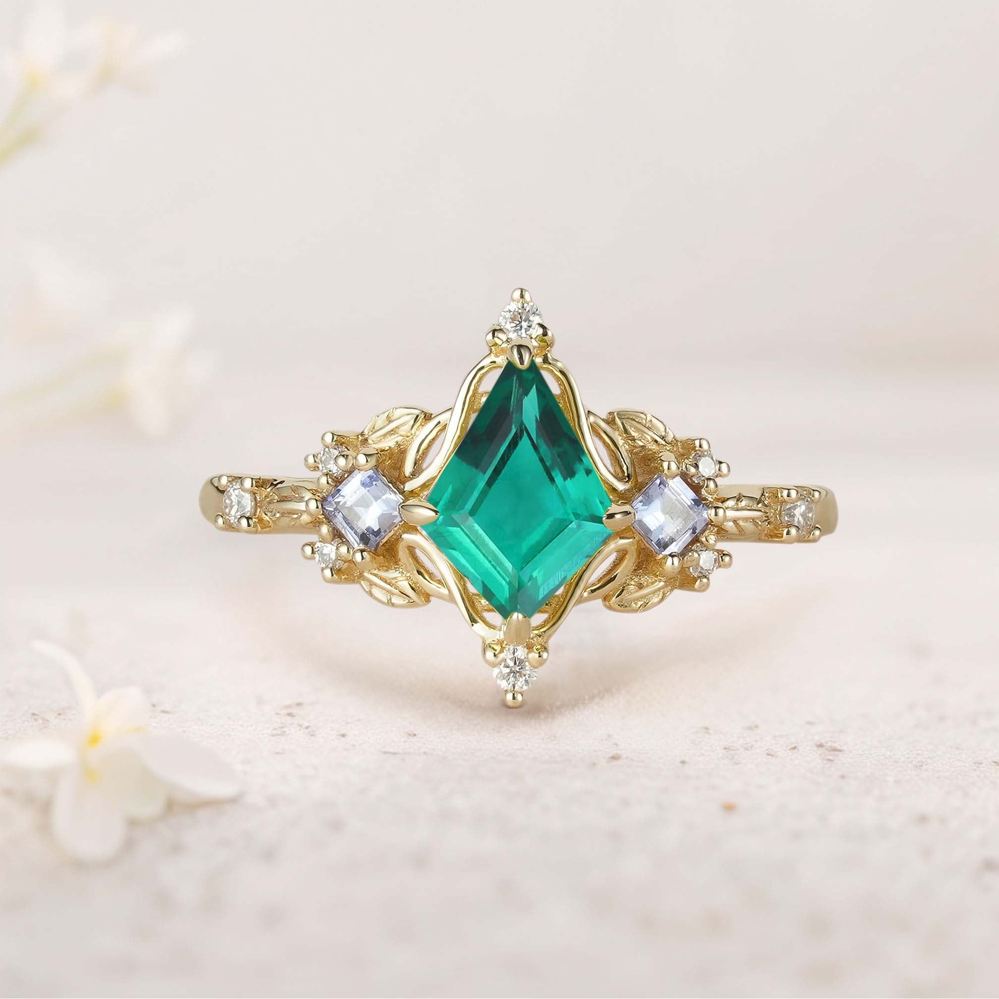 Unique Kite Three Stone Lab Emerald18K Yellow Gold Leaf Ring