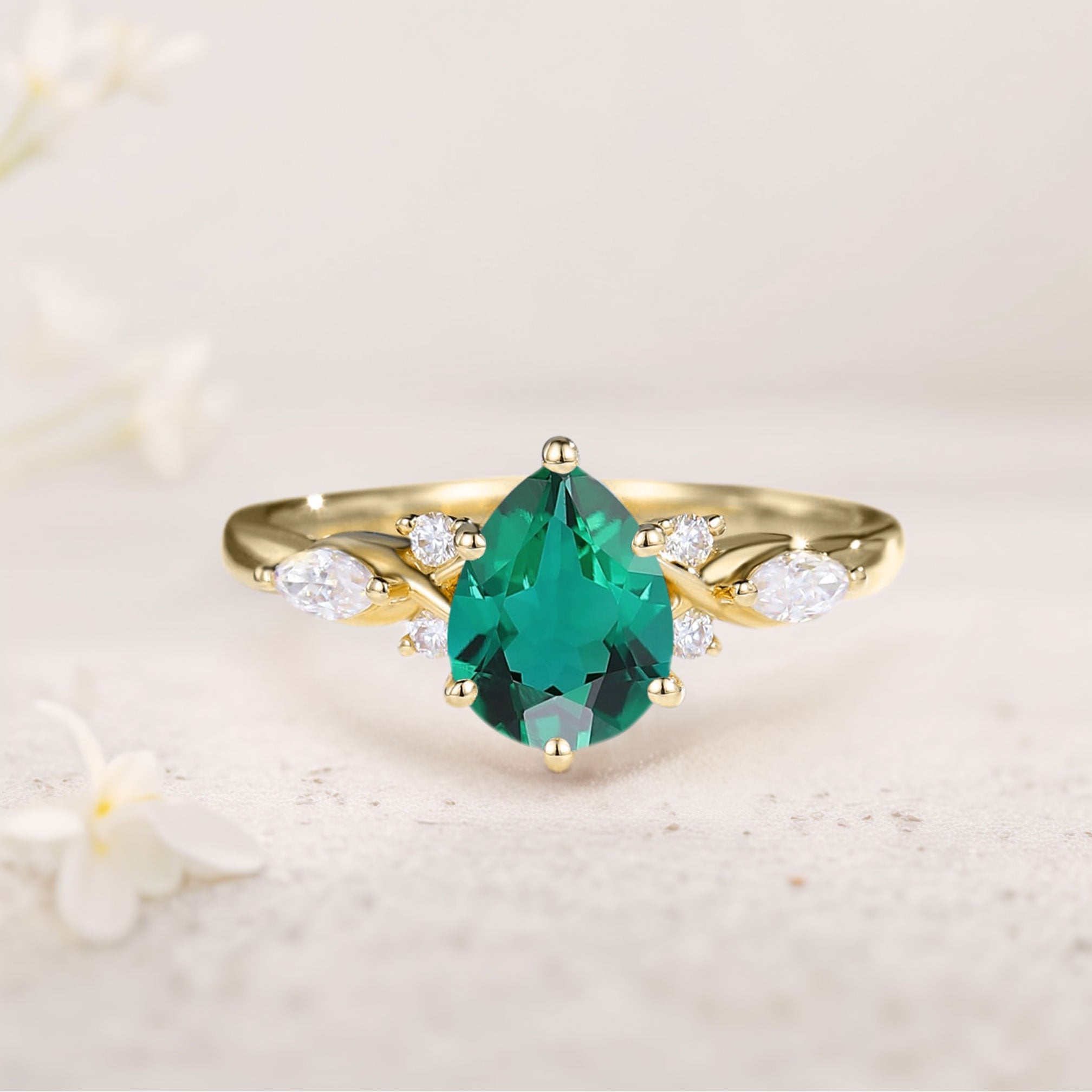 Unique Pear Lab Emerald Split Shank 18K Yellow Gold Engagement Ring