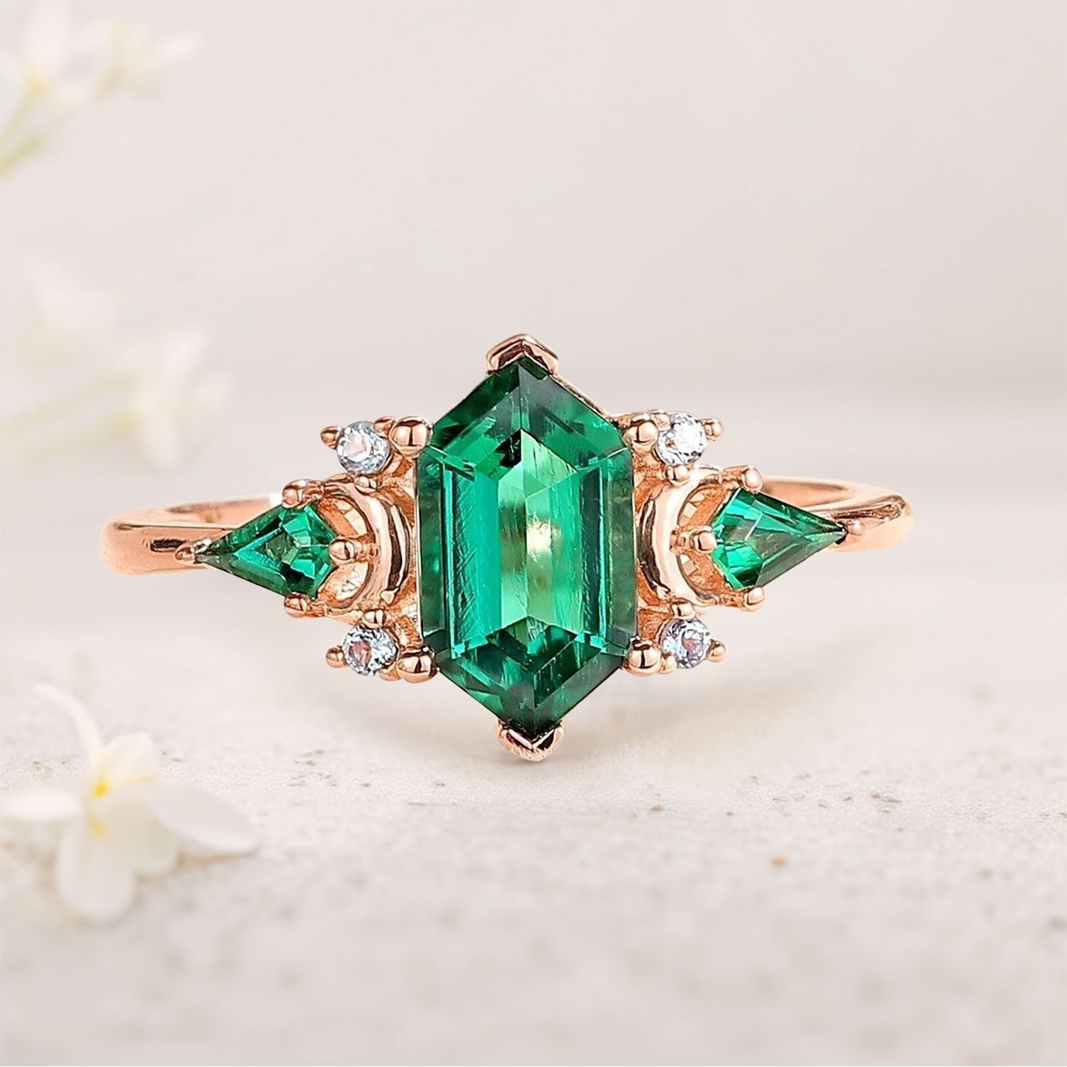 Vintage Hexagon Cut Lab Emerald Engagement Ring Unique Kite Cut Moon Design 18K Yellow Gold Promise Ring Gift for Women