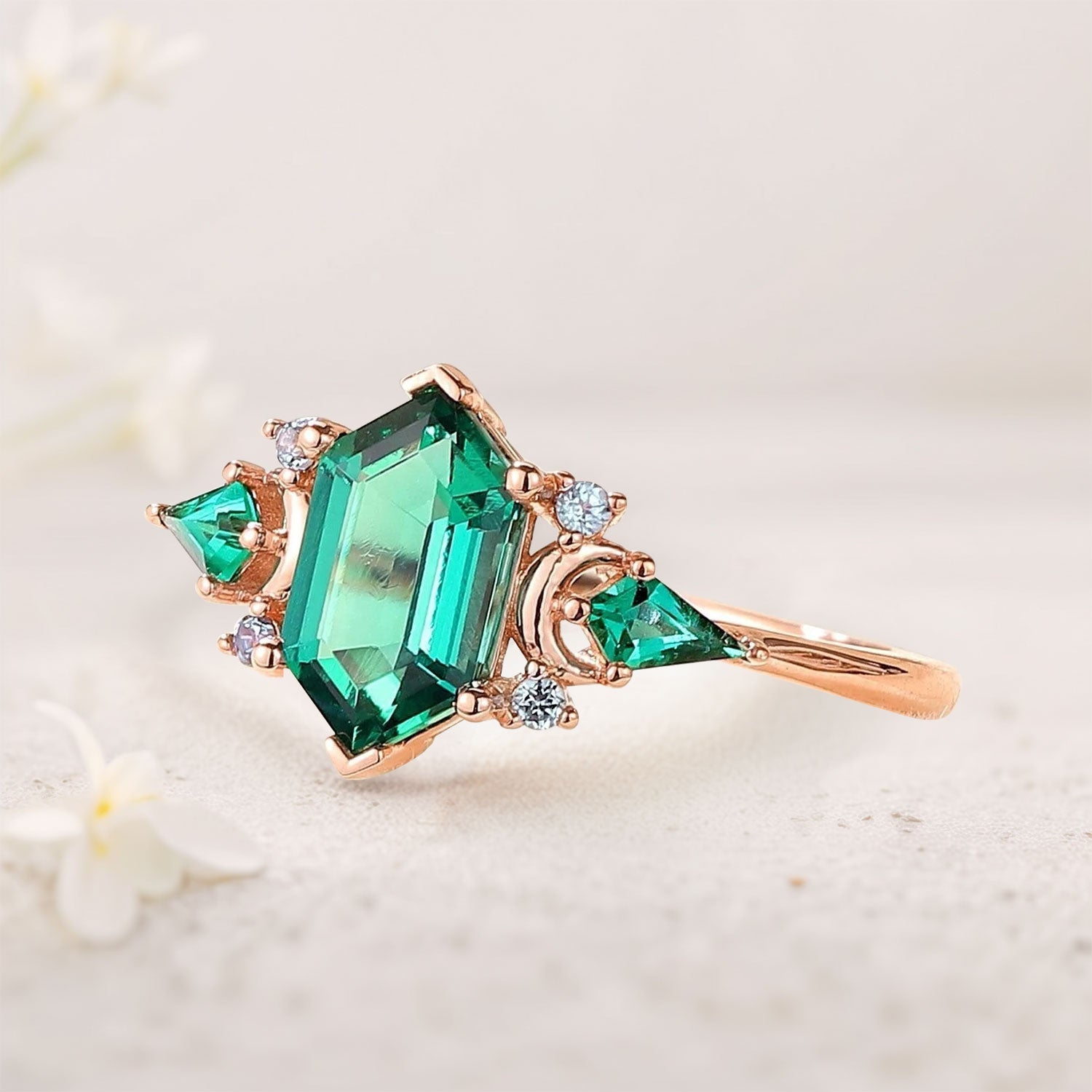 Vintage Hexagon Cut Lab Emerald Engagement Ring Unique Kite Cut Moon Design 18K Yellow Gold Promise Ring Gift for Women