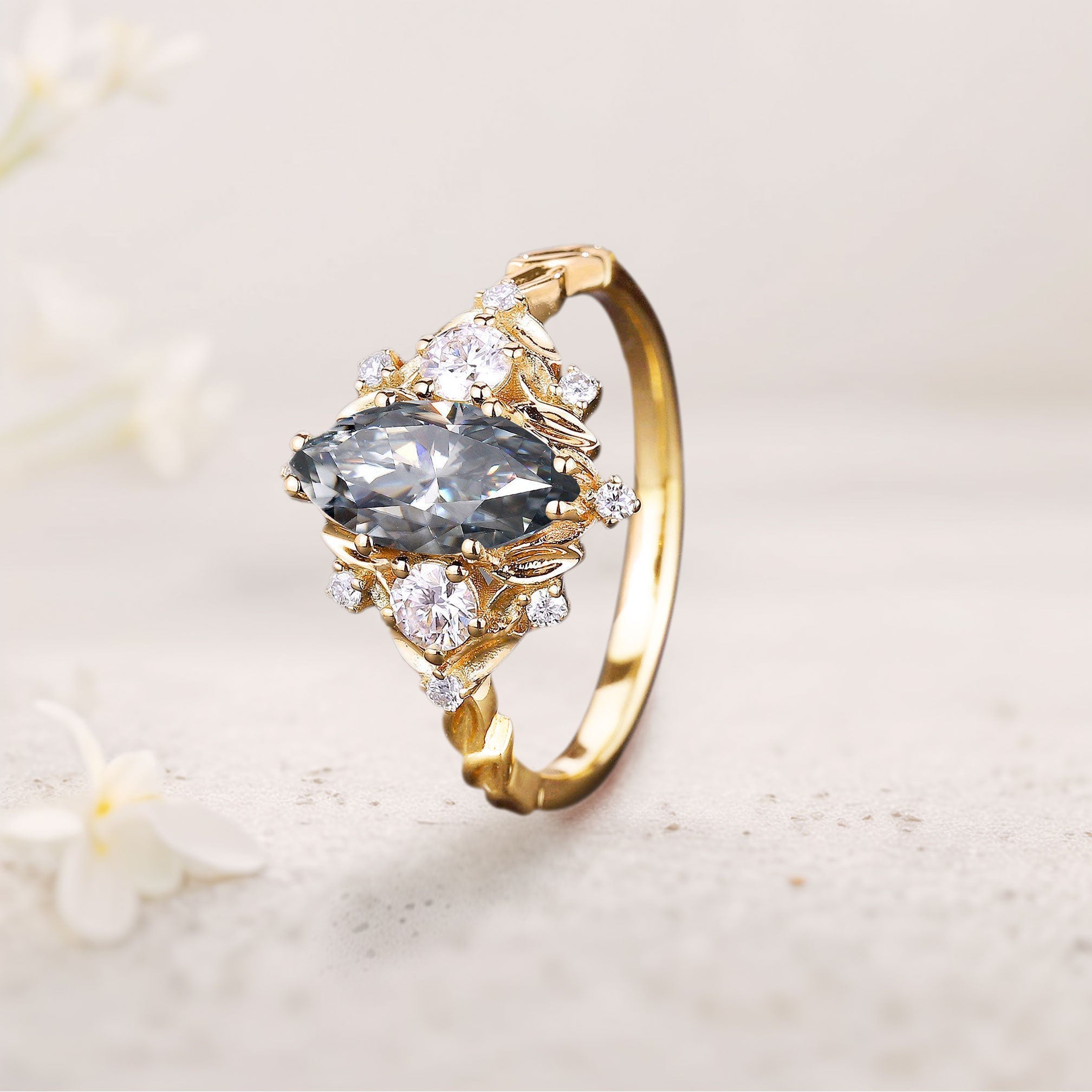 Unique floral engagement rings Marquise Gray Moissanite Ring Brilliant Moissanite Cluster Leaf 18K Yellow Gold Wedding Ring