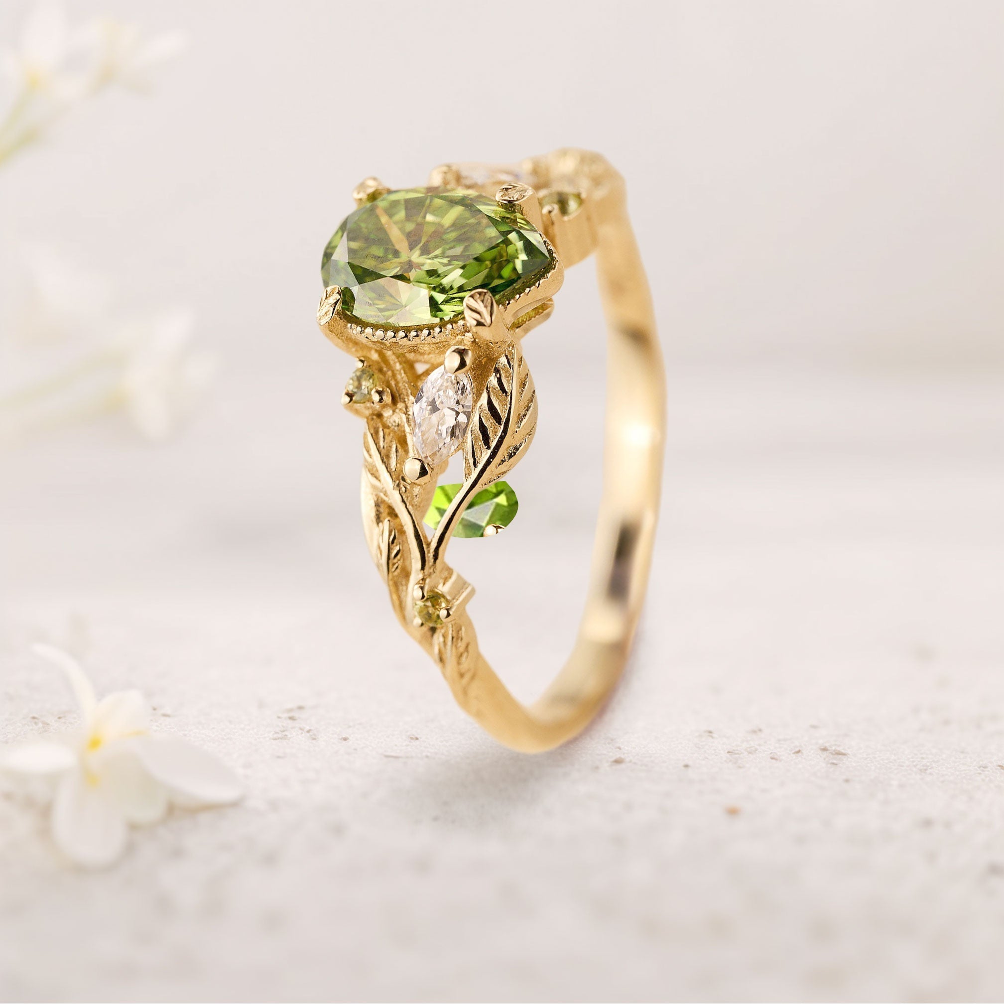 Unique floral engagement rings Green Moissanite 18K Yellow Gold Engagement Ring with Leaves Ring