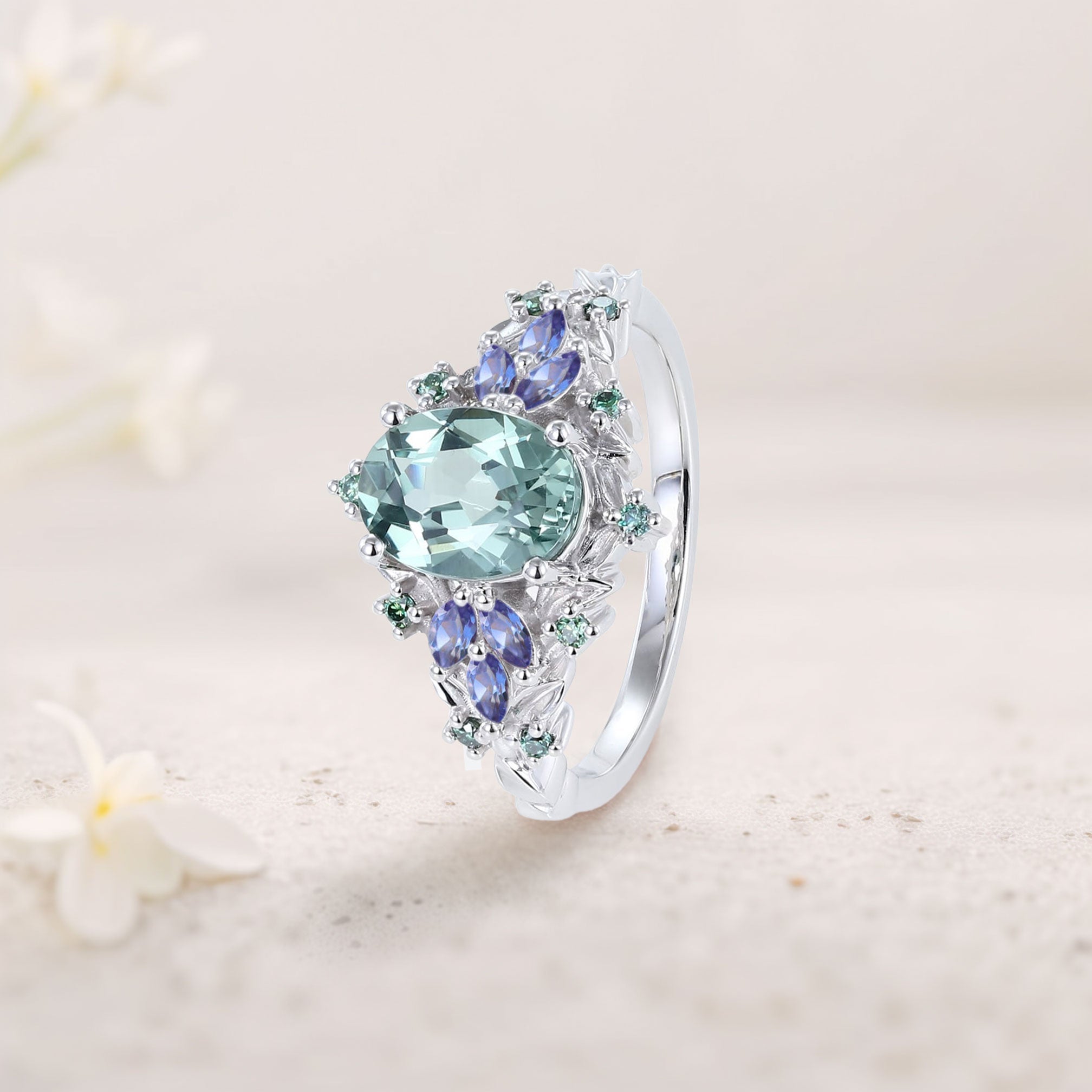 Unique Starlight Oval Green Lab Sapphire and Blue Sapphire 18K Rose Gold Engagement Ring