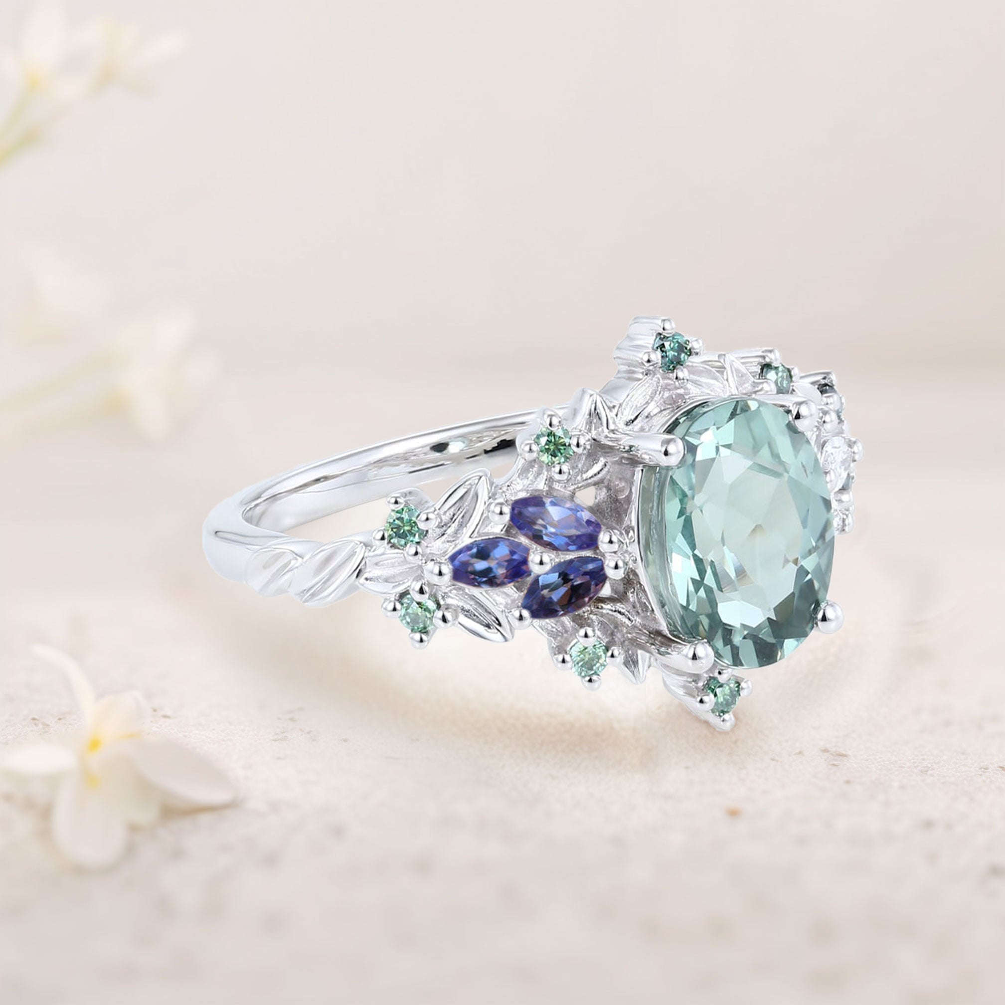 Unique Starlight Oval Green Lab Sapphire and Blue Sapphire 18K Rose Gold Engagement Ring