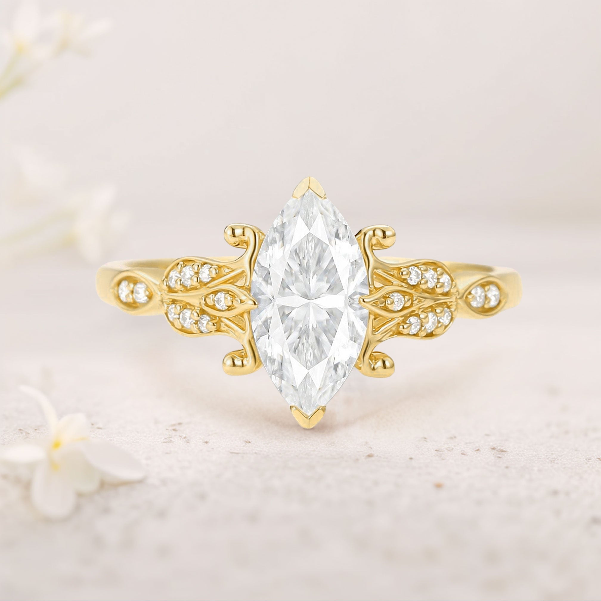 Unique floral engagement rings Marquise Moissanite Leafy 18K Yellow Gold Engagement Ring