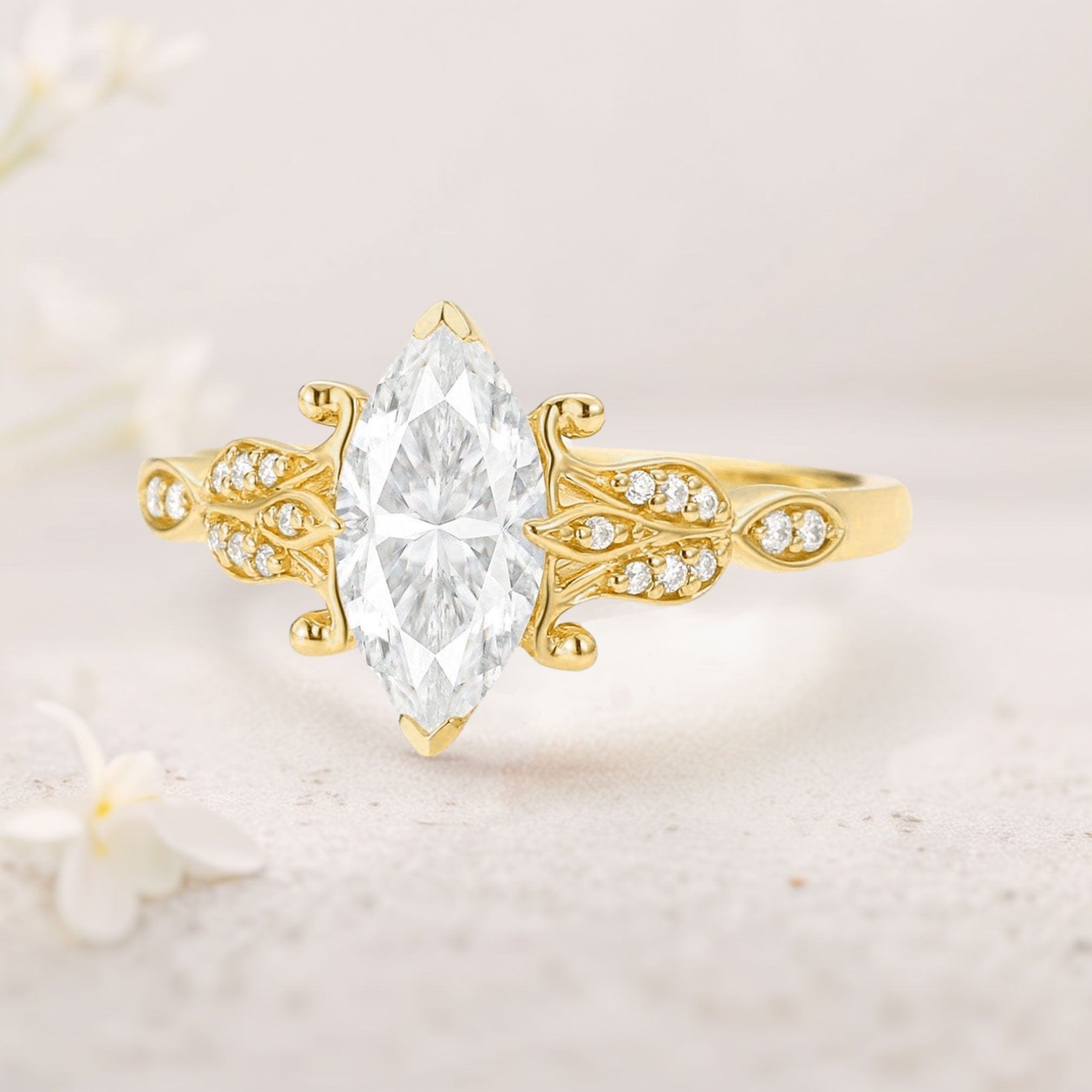 Unique floral engagement rings Marquise Moissanite Leafy 18K Yellow Gold Engagement Ring