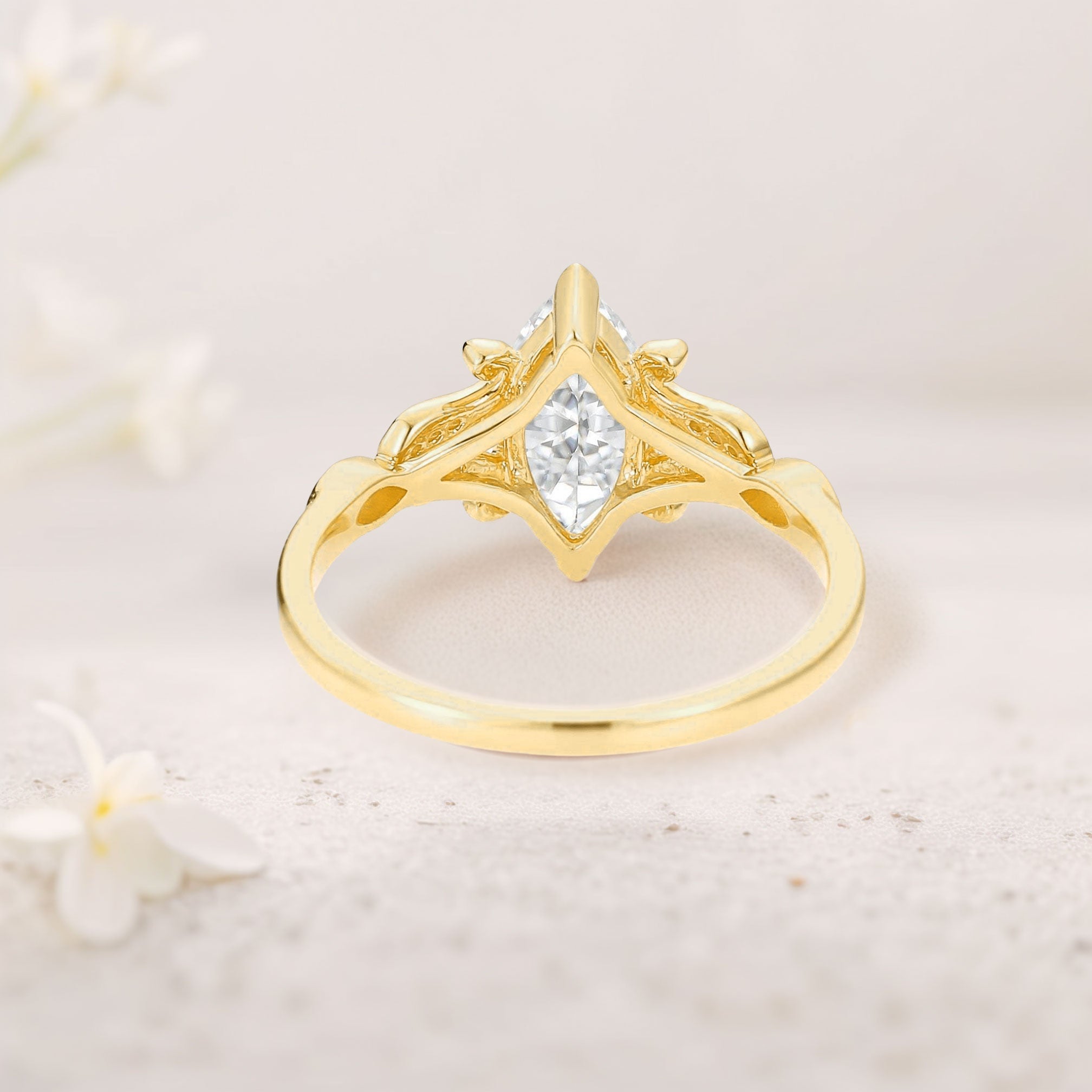 Unique floral engagement rings Marquise Moissanite Leafy 18K Yellow Gold Engagement Ring