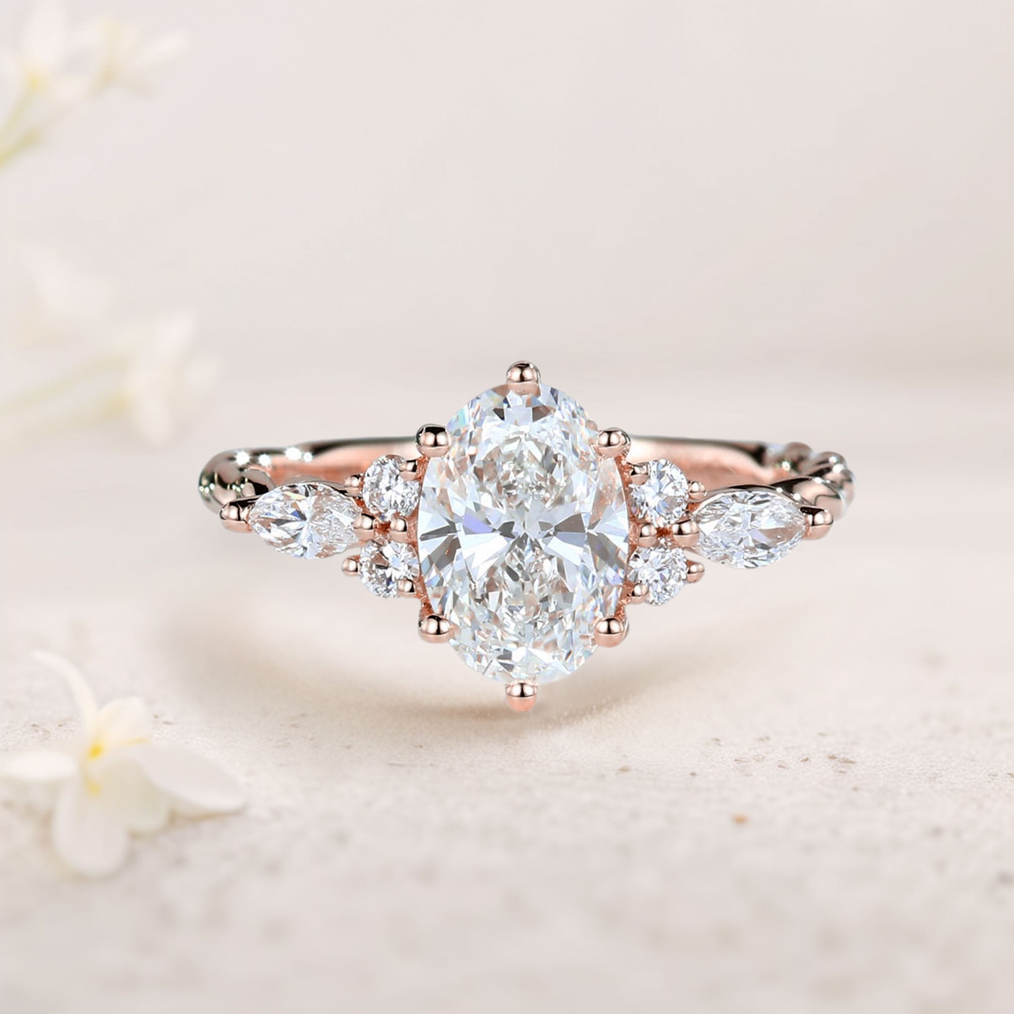 Unique Oval Moissanite 18K Rose Gold Engagement Ring Twisted Bridal Ring
