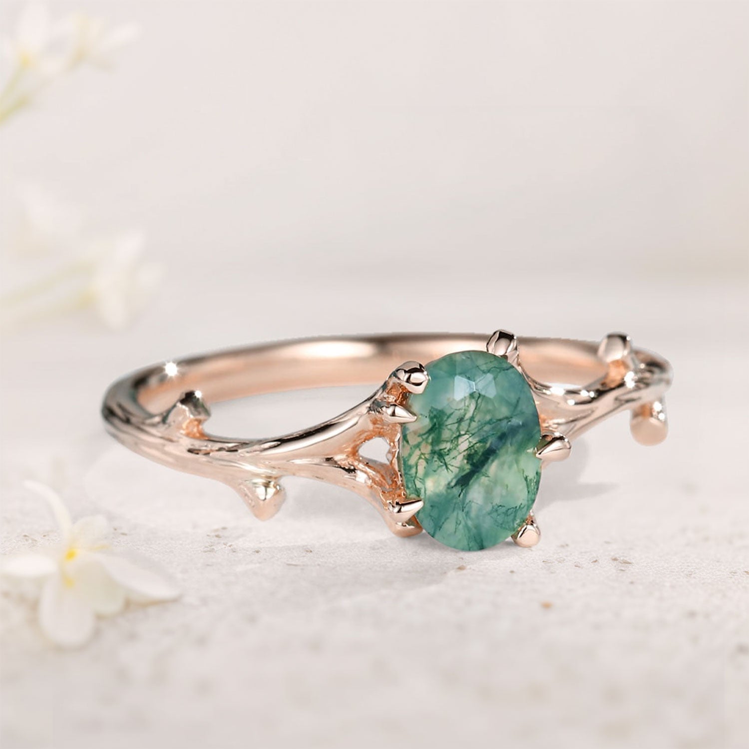 Unique Oval Moss Agate Engagement Ring Solitaire Branch Shape 18K Rose Gold Engagement Ring Promise Ring
