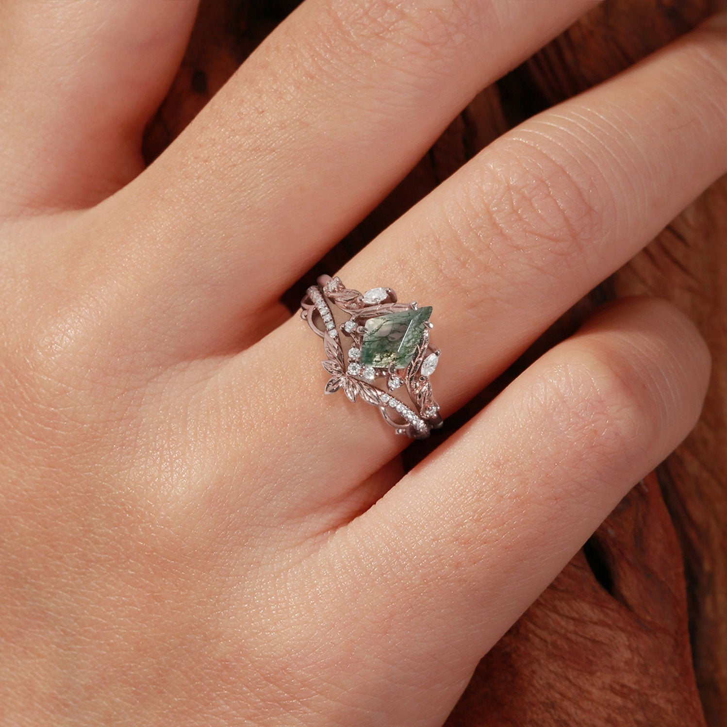 Unique floral engagement rings Kite Moss Agate Moissanite Leaf 18K Rose Gold Engagement Ring Set