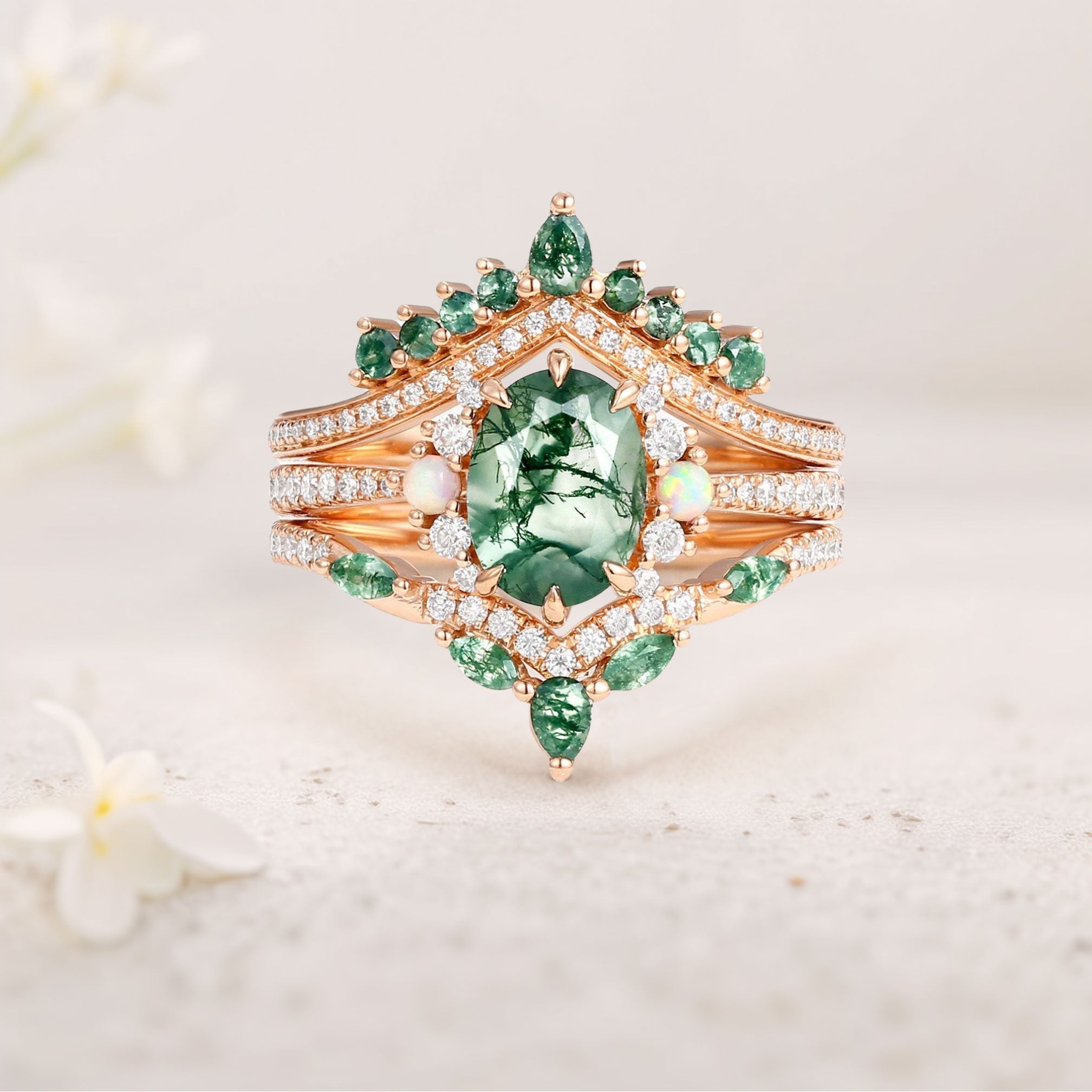 Unique floral engagement rings Oval Moss Agate and Opal 18K Yellow Gold Engagement Ring Set
