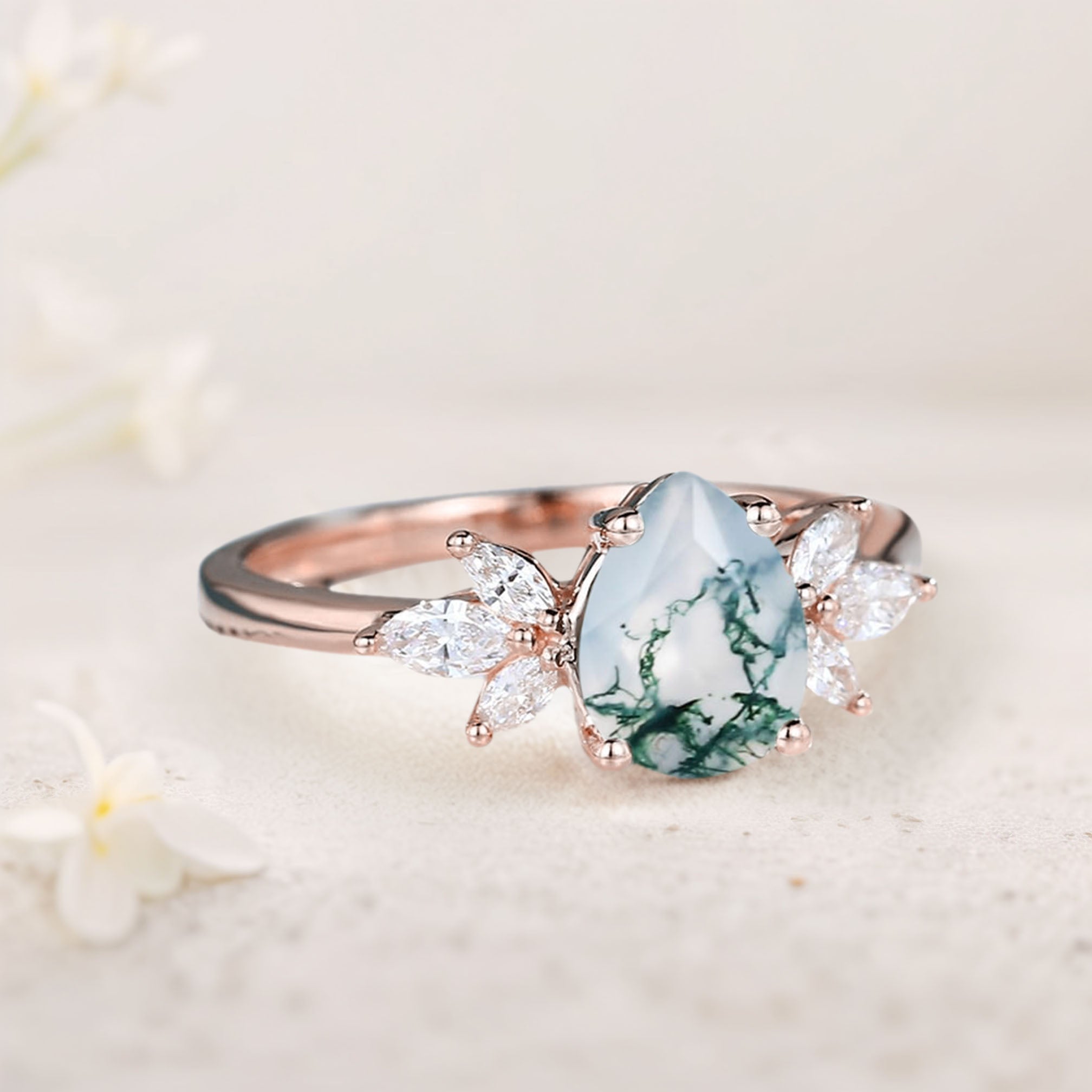 Unique Pear Moss Agate 18K Rose Gold Engagement Ring Simple Cluster Bridal Ring