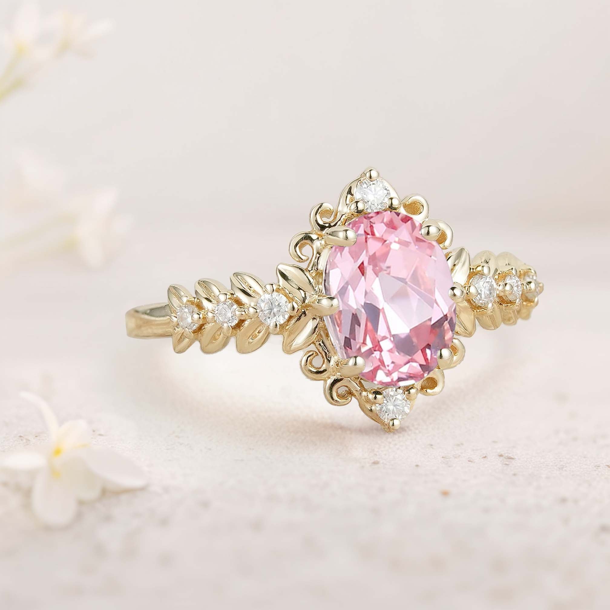Unique Elegant Royal Oval Lab Padparadscha Filigree Leaf 18K Yellow Gold Engagement Ring