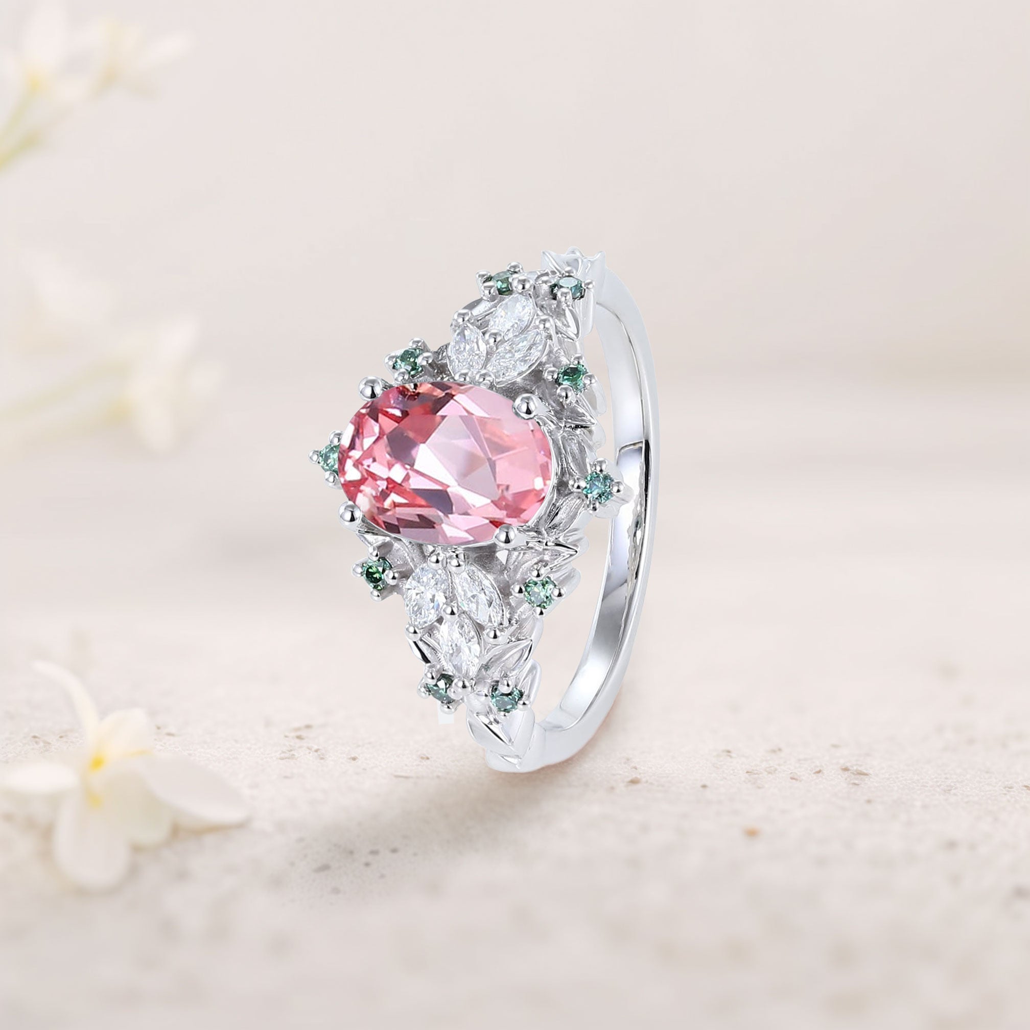 Unique Starlight Oval Pink Lab Padparadscha 18K White Gold Engagement Ring