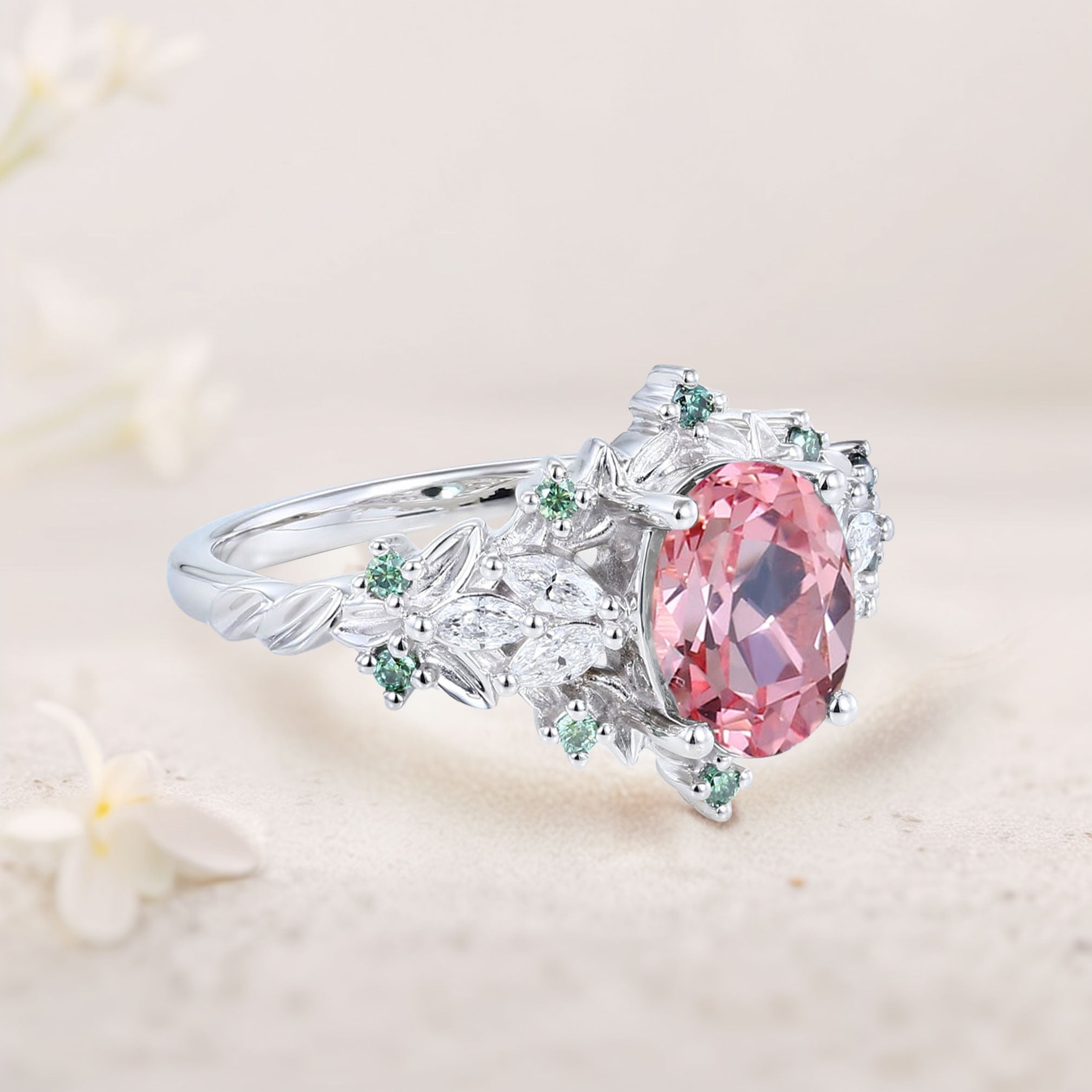 Unique Starlight Oval Pink Lab Padparadscha 18K White Gold Engagement Ring
