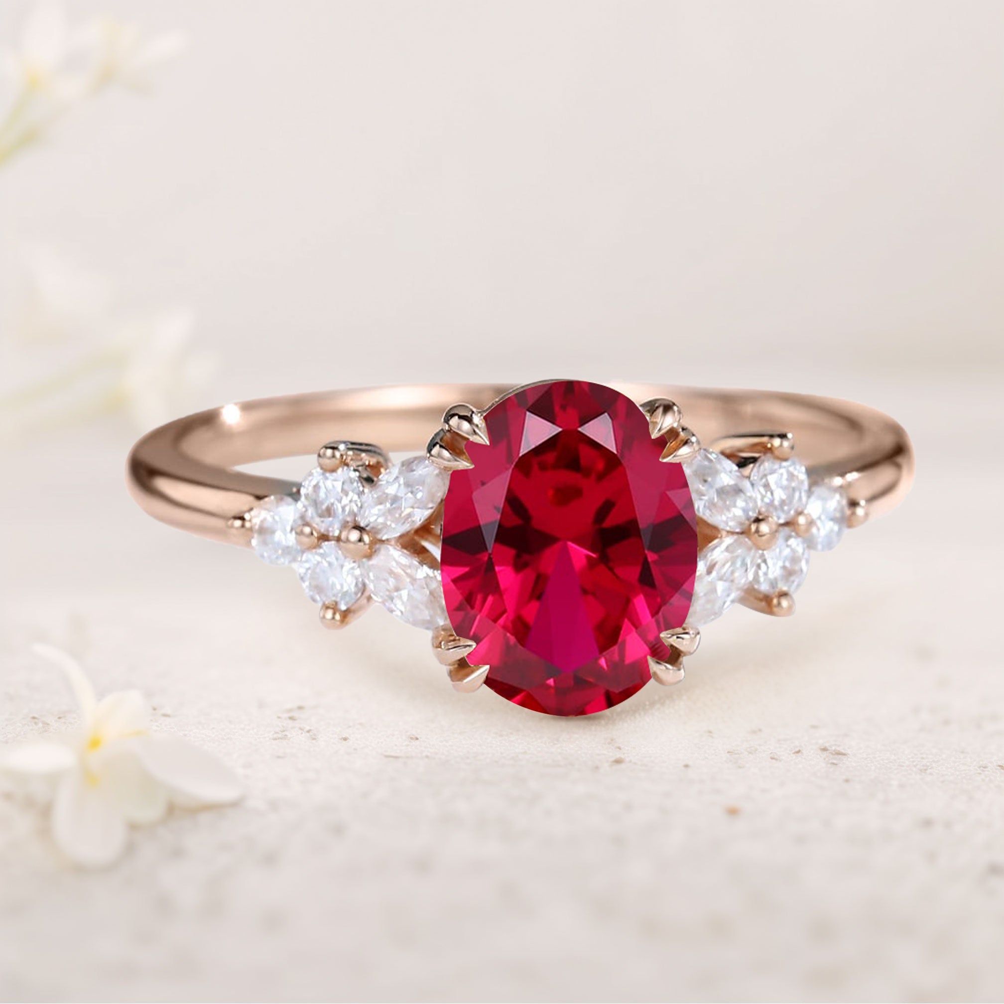 Unique Oval Lab Ruby Blossom 18K Rose Gold Engagement Ring