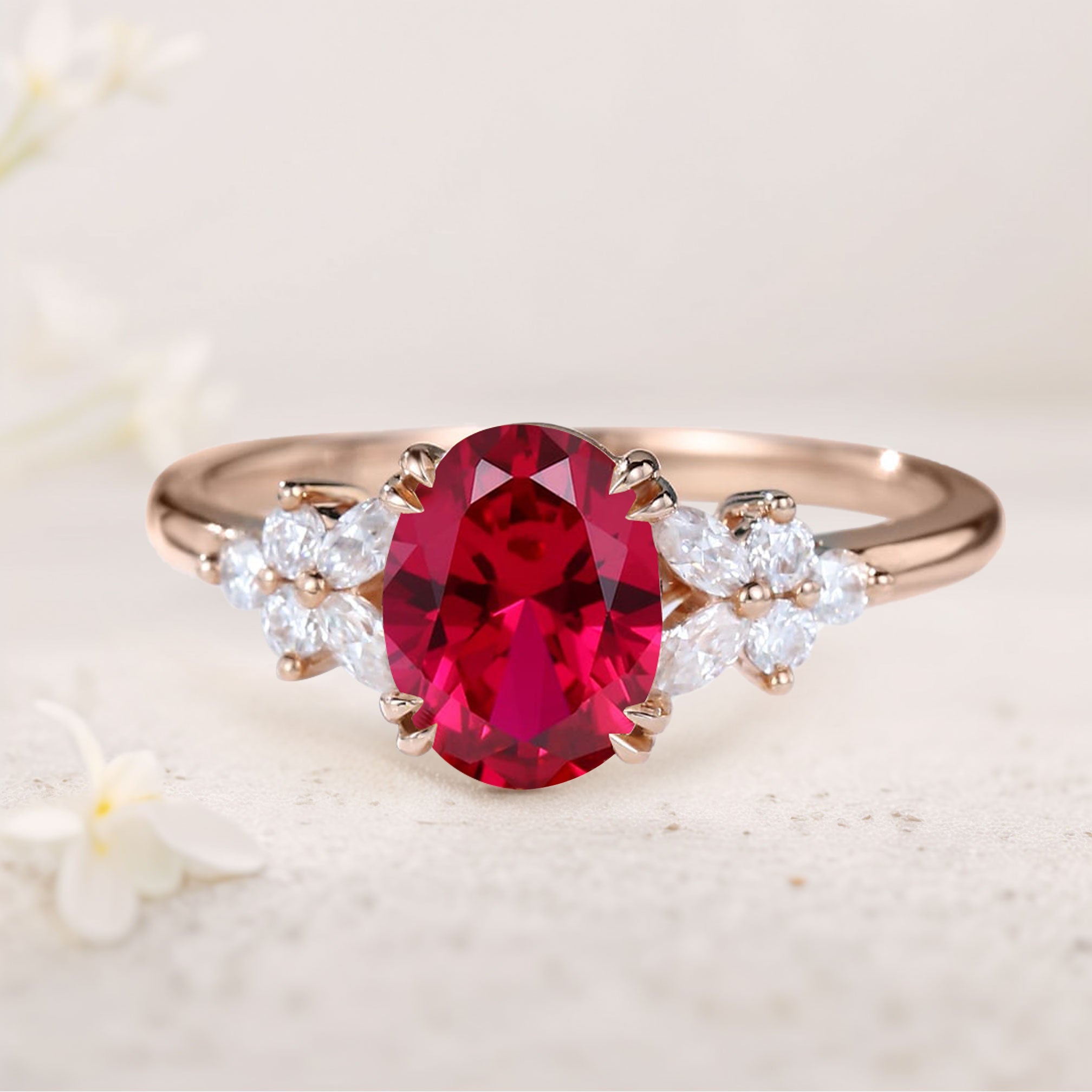 Unique Oval Lab Ruby Blossom 18K Rose Gold Engagement Ring