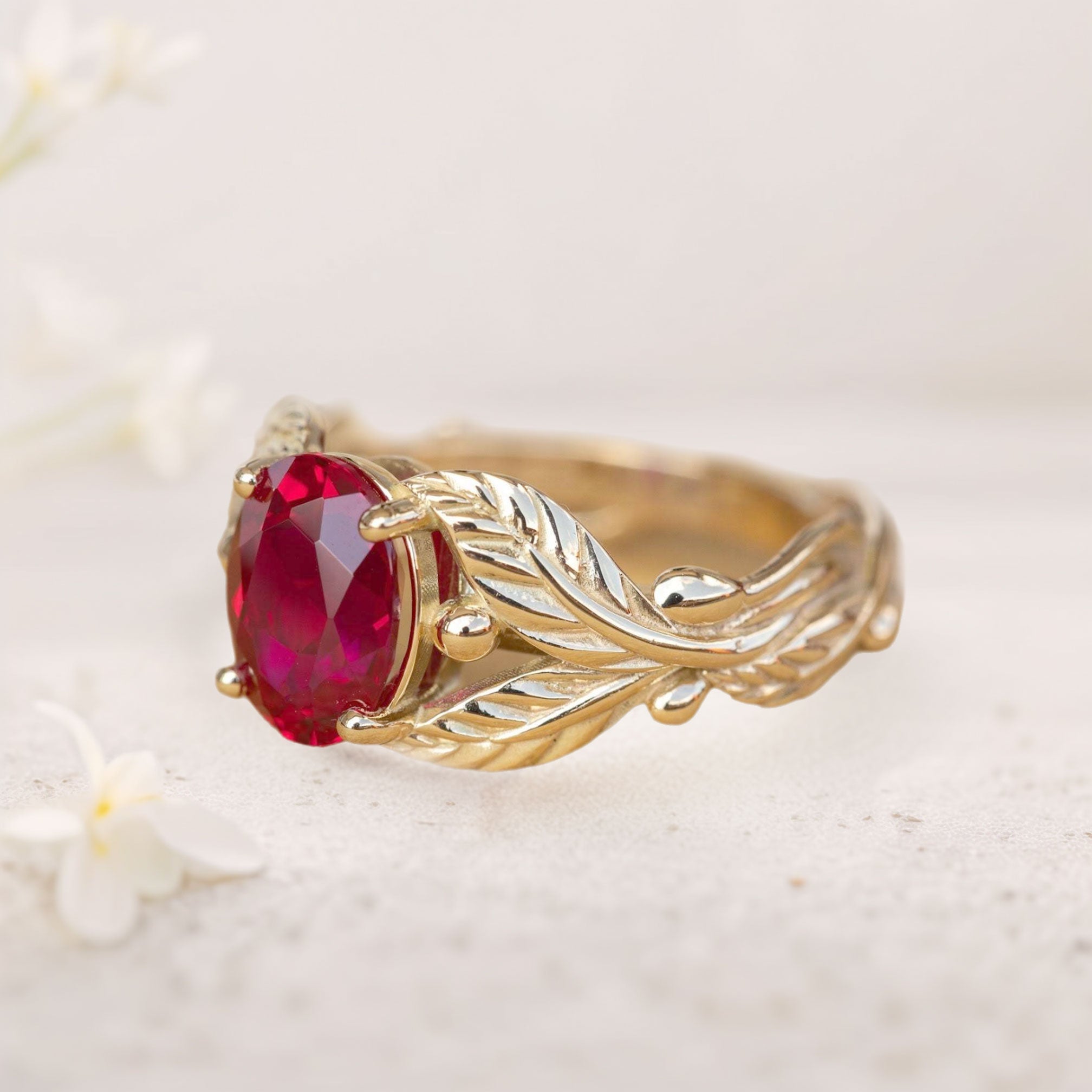 Unique floral engagement rings Oval Lab Ruby with Leaves 18K Yellow Gold Engagement Ring