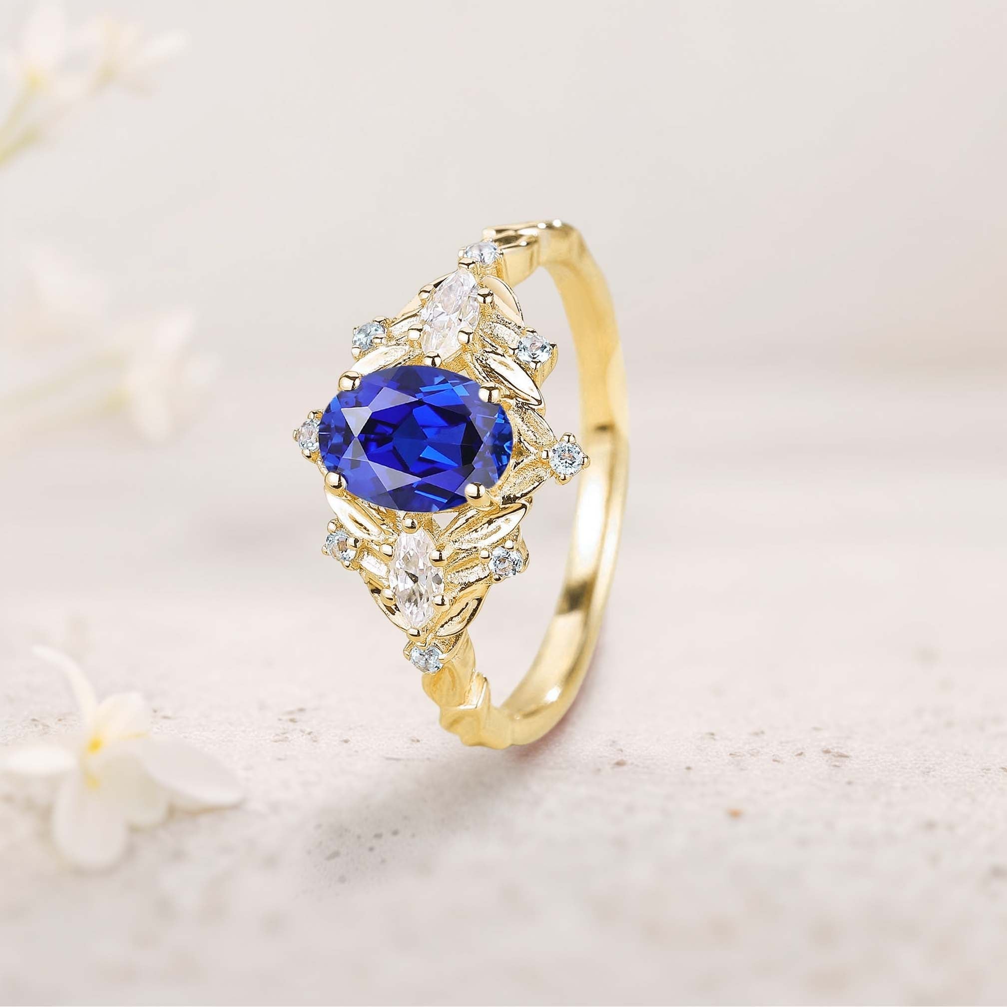 Unique Oval Lab Sapphire Fairy 18K Yellow Gold Engagement Ring Art Deco Blue Topaz Cluster Wedding Ring