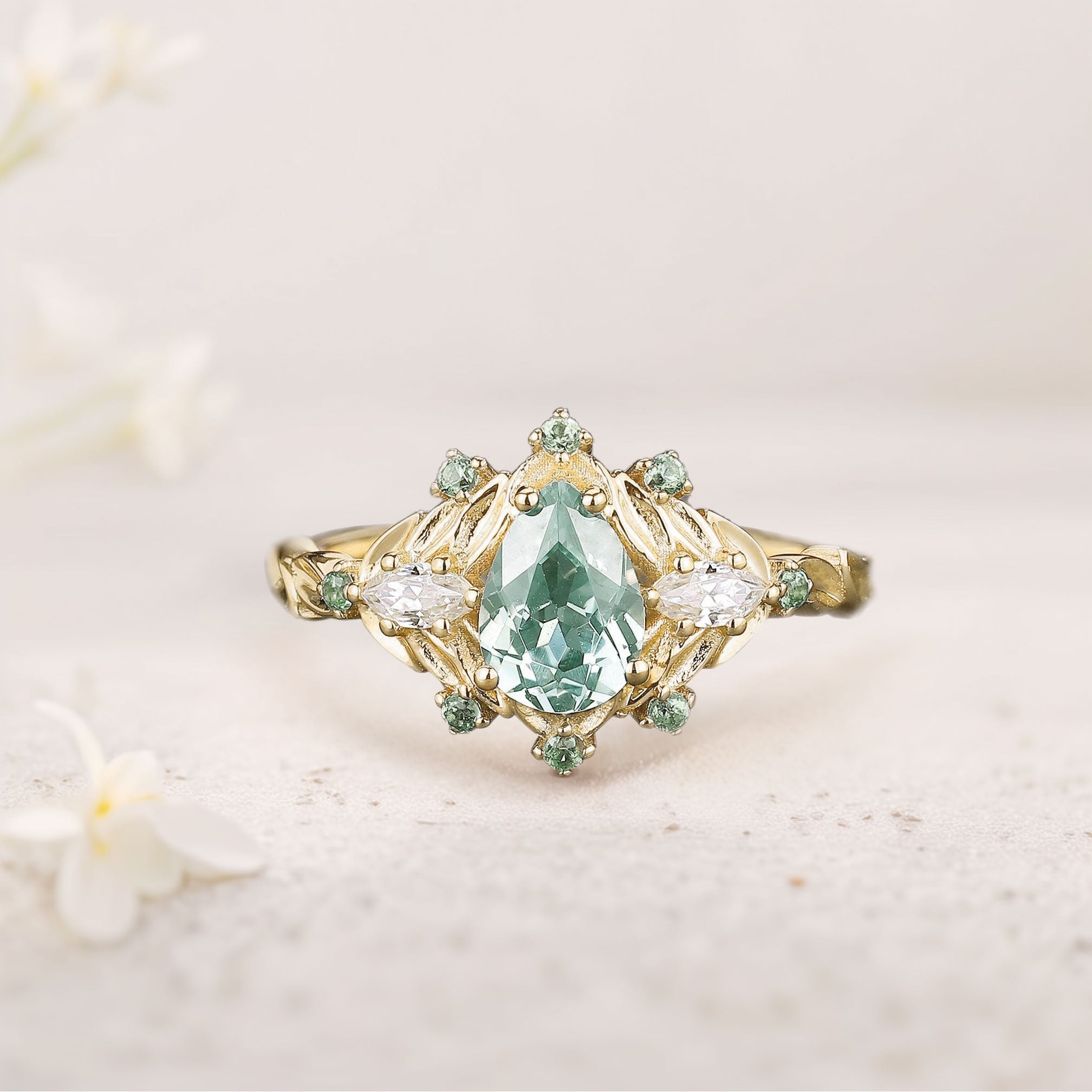 Vintage Pear Green Lab Sapphire 18K Yellow Gold Engagement Ring Cluster Bouquet Promise Ring