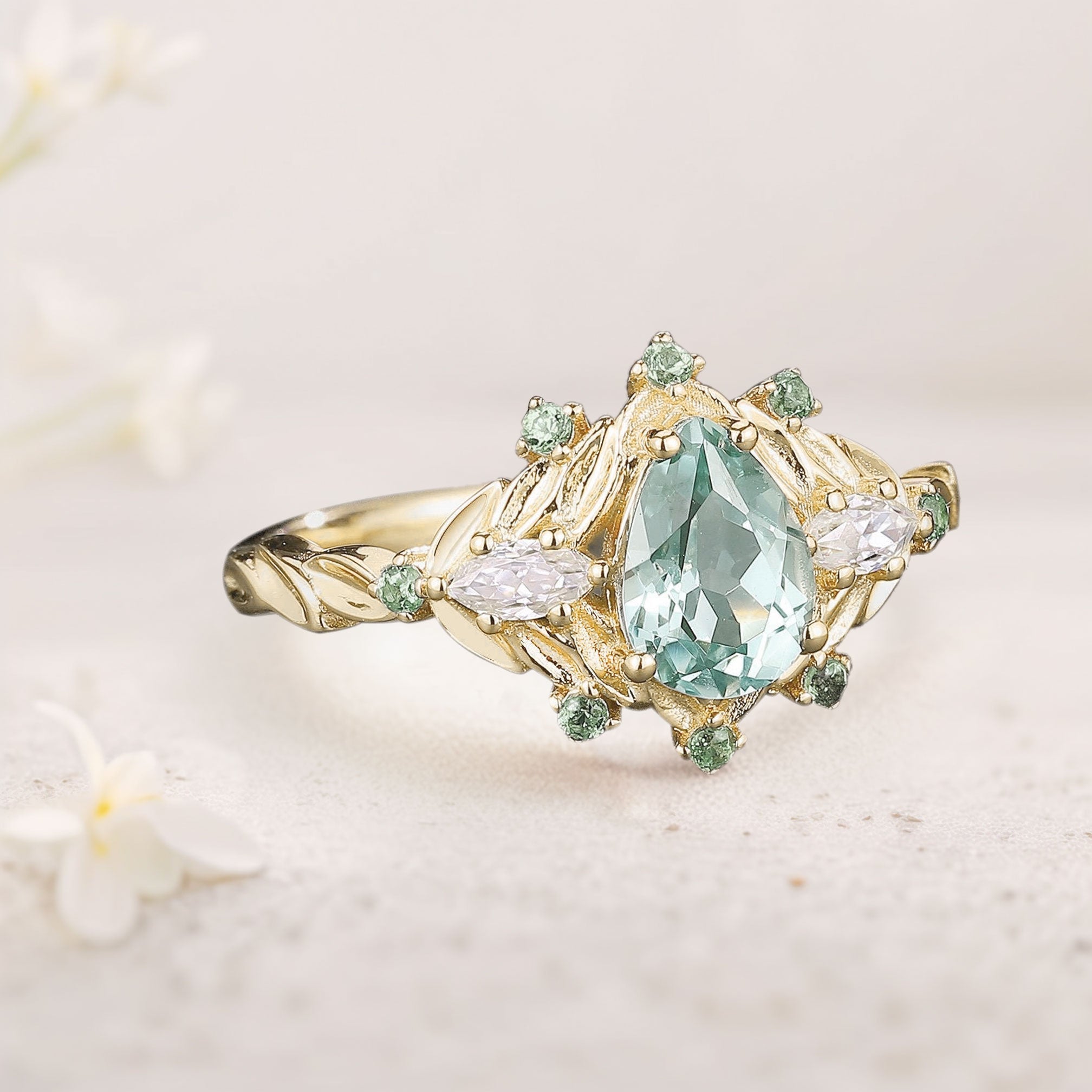 Vintage Pear Green Lab Sapphire 18K Yellow Gold Engagement Ring Cluster Bouquet Promise Ring