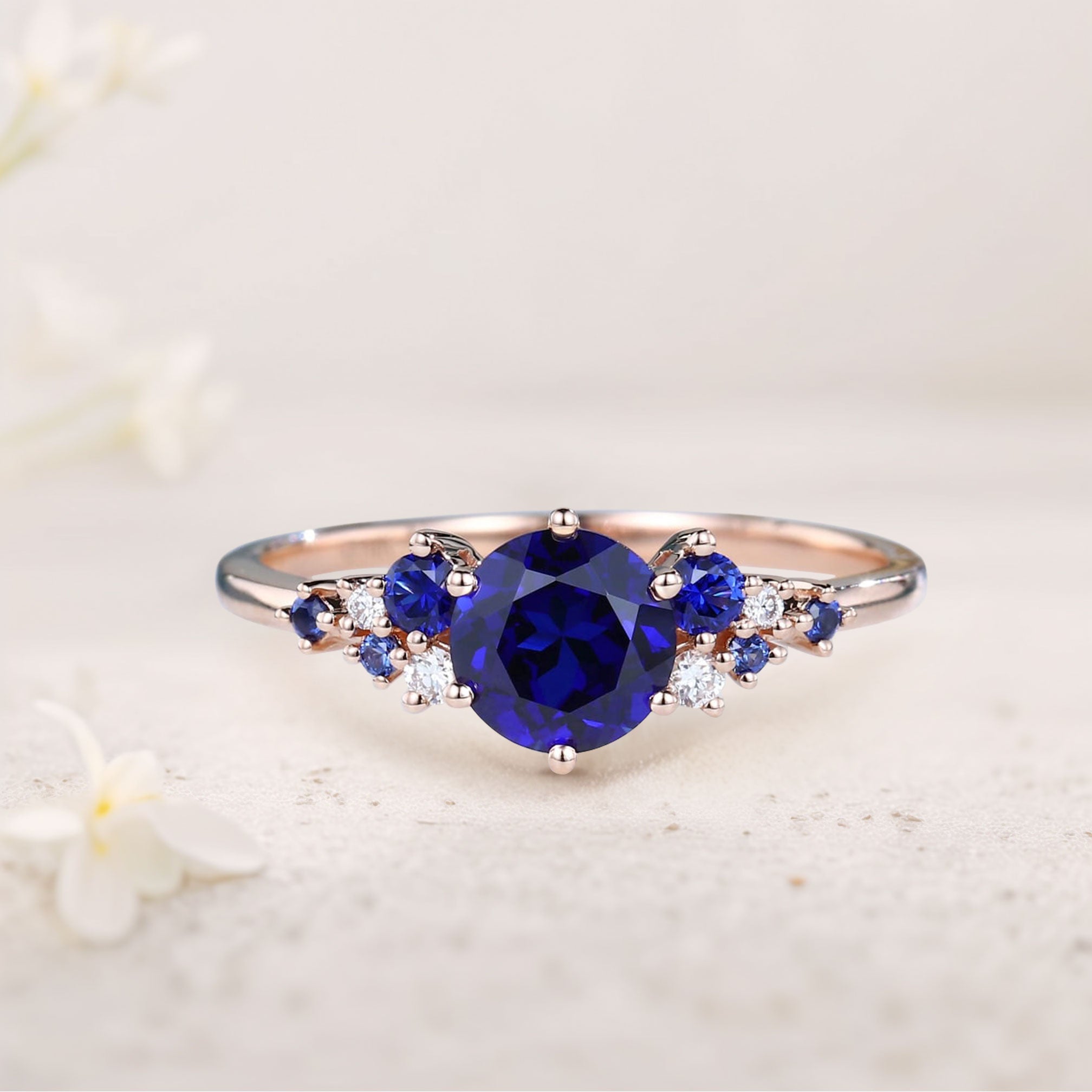 Unique Round Lab Sapphire 18K Rose Gold Engagement Rings Cluster Promise Ring