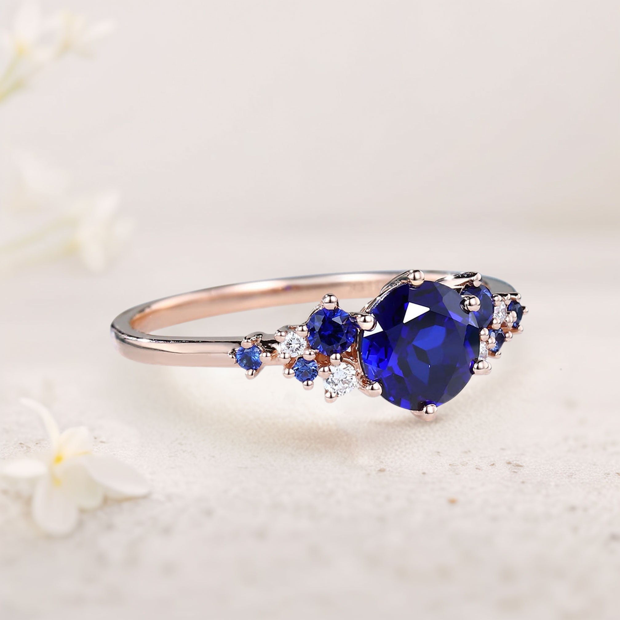 Unique Round Lab Sapphire 18K Rose Gold Engagement Rings Cluster Promise Ring