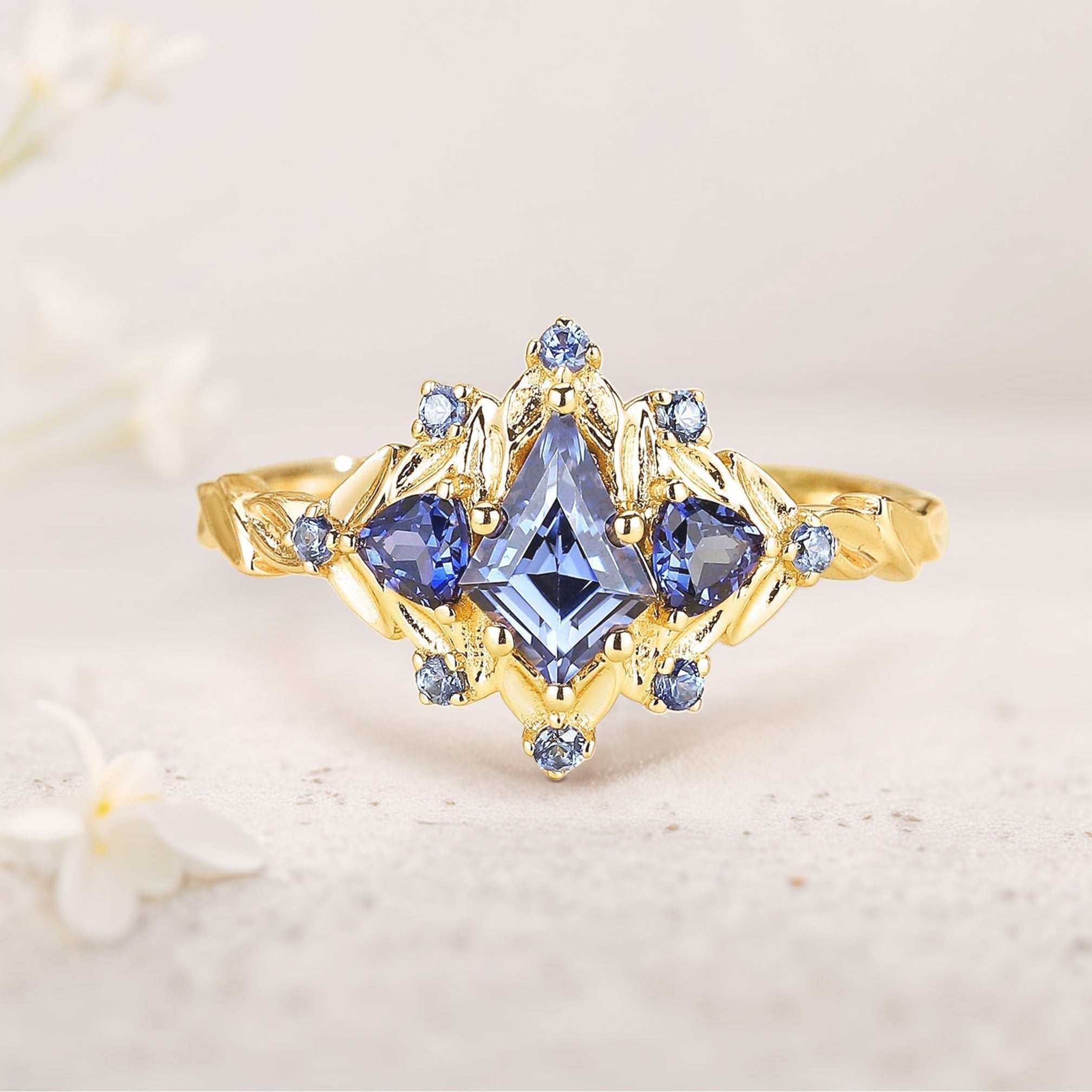Unique floral engagement rings Kite Lab Sapphire 18K Yellow Gold Engagement Ring Leaf Flower Wedding Ring