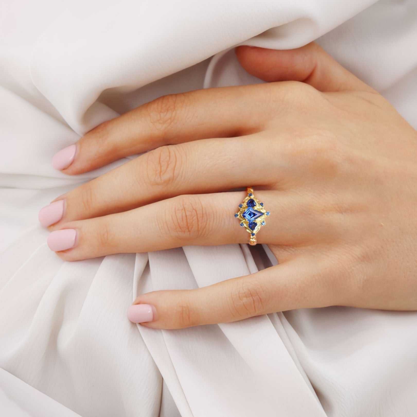 Unique floral engagement rings Kite Lab Sapphire 18K Yellow Gold Engagement Ring Leaf Flower Wedding Ring