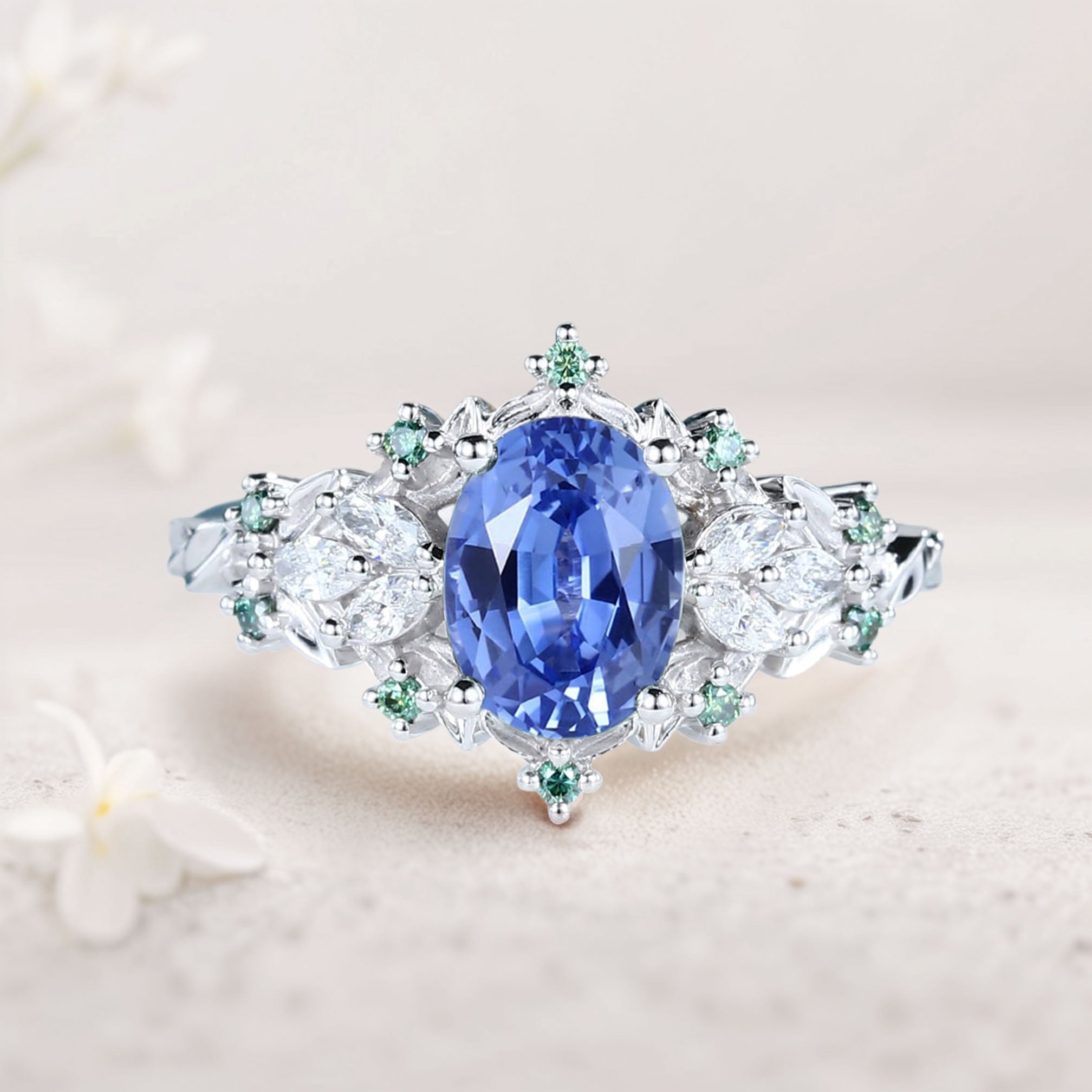 Unique Starlight Oval Lab Sapphire 18K White Gold Engagement Ring