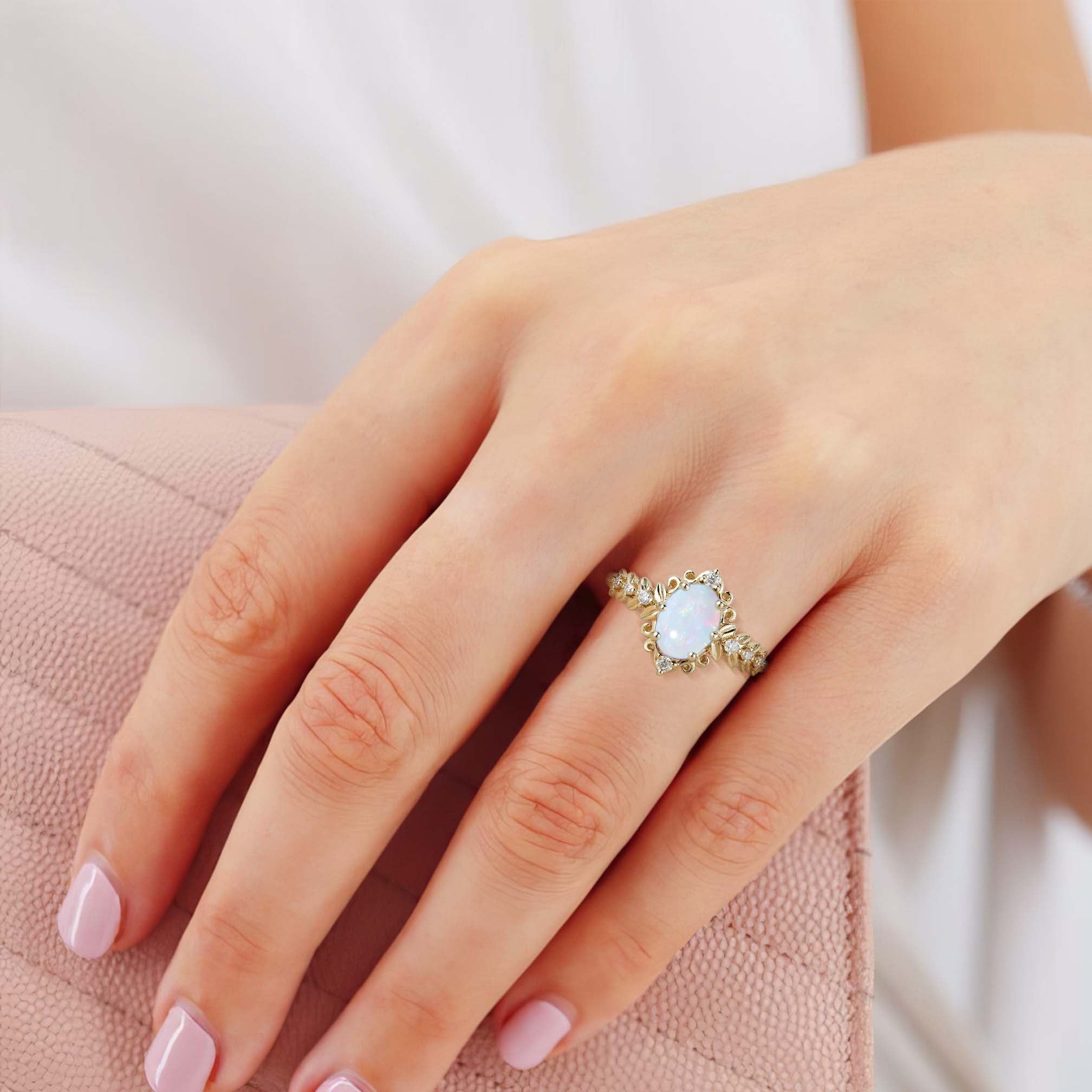 Unique Elegant Royal Oval Lab Opal Filigree Leaf 18K Yellow Gold Engagement Ring